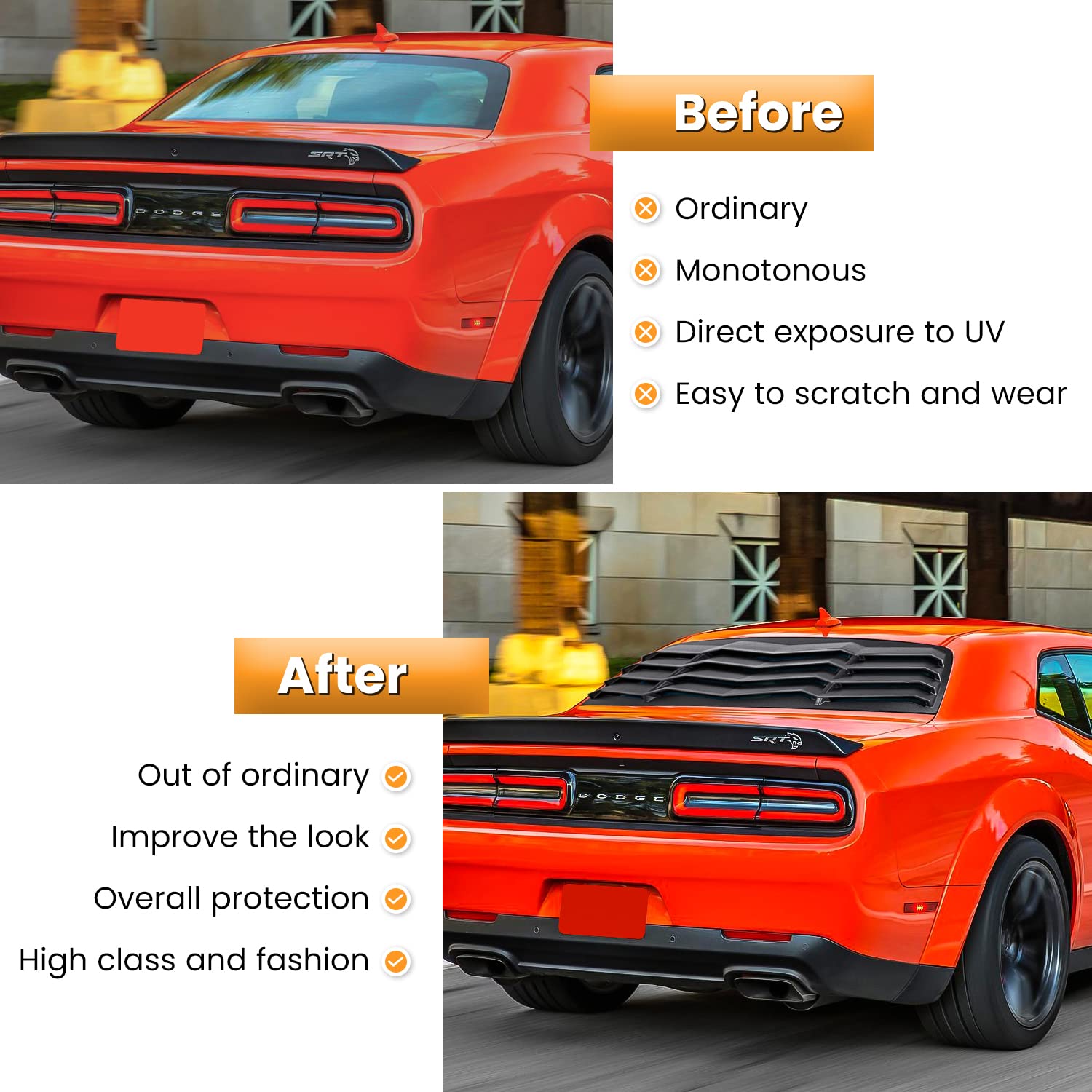 E-cowlboy Rear Window Louvers for Dodge Challenger 2008-2023, Matte Black ABS Sun Shade Cover, GT Lambo Style, All Weather
