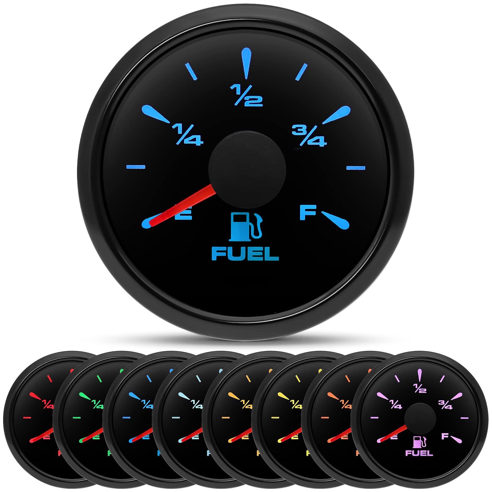 ARTILAURA 0-90 ohm Fuel Gauge 8 Color Marine Boat Fuel Level Gas Tank Meter for Universal AUTO Car Boat Truck Pickup RV (Black)
