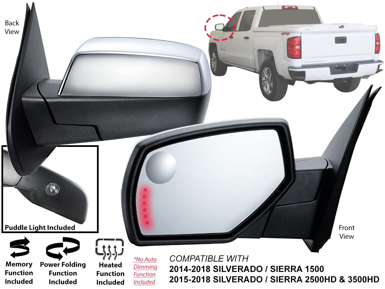 APA Replacement Exterior Rear View Mirror for 2014-2018 SILVERADO SIERRA GM Pickup Truck Power Folding Heated Memory Puddle Sign