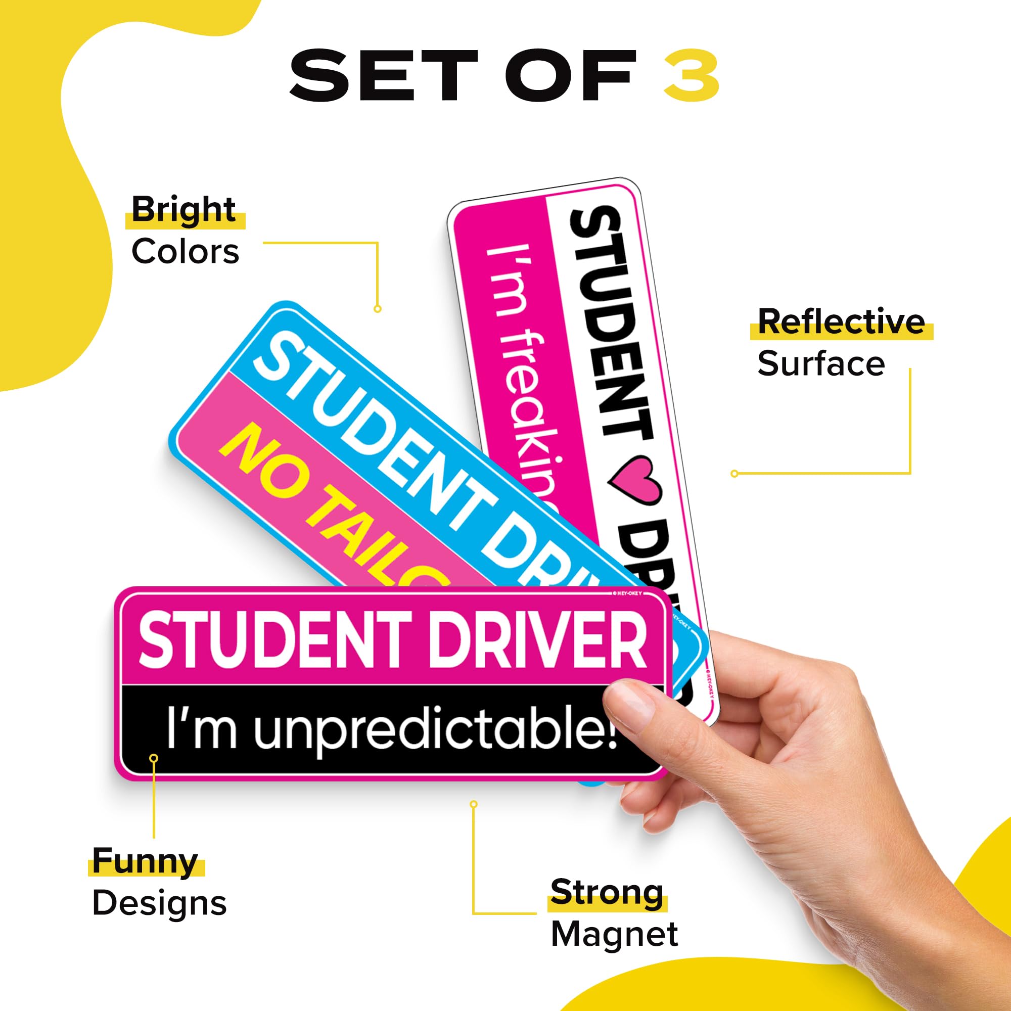 Student Driver Magnet For Car - Funny Pink 3-Pack Girly Please Be Patient Reflective Magnetic Bumper Sticker Set - Removable Nov