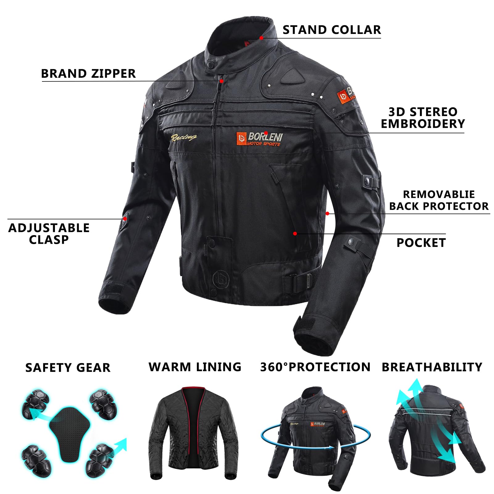 Borleni Motorcycle Jacket Motorbike Riding Jacket Windproof Motorcycle Full Body Protective Gear Ce Armor All Season
