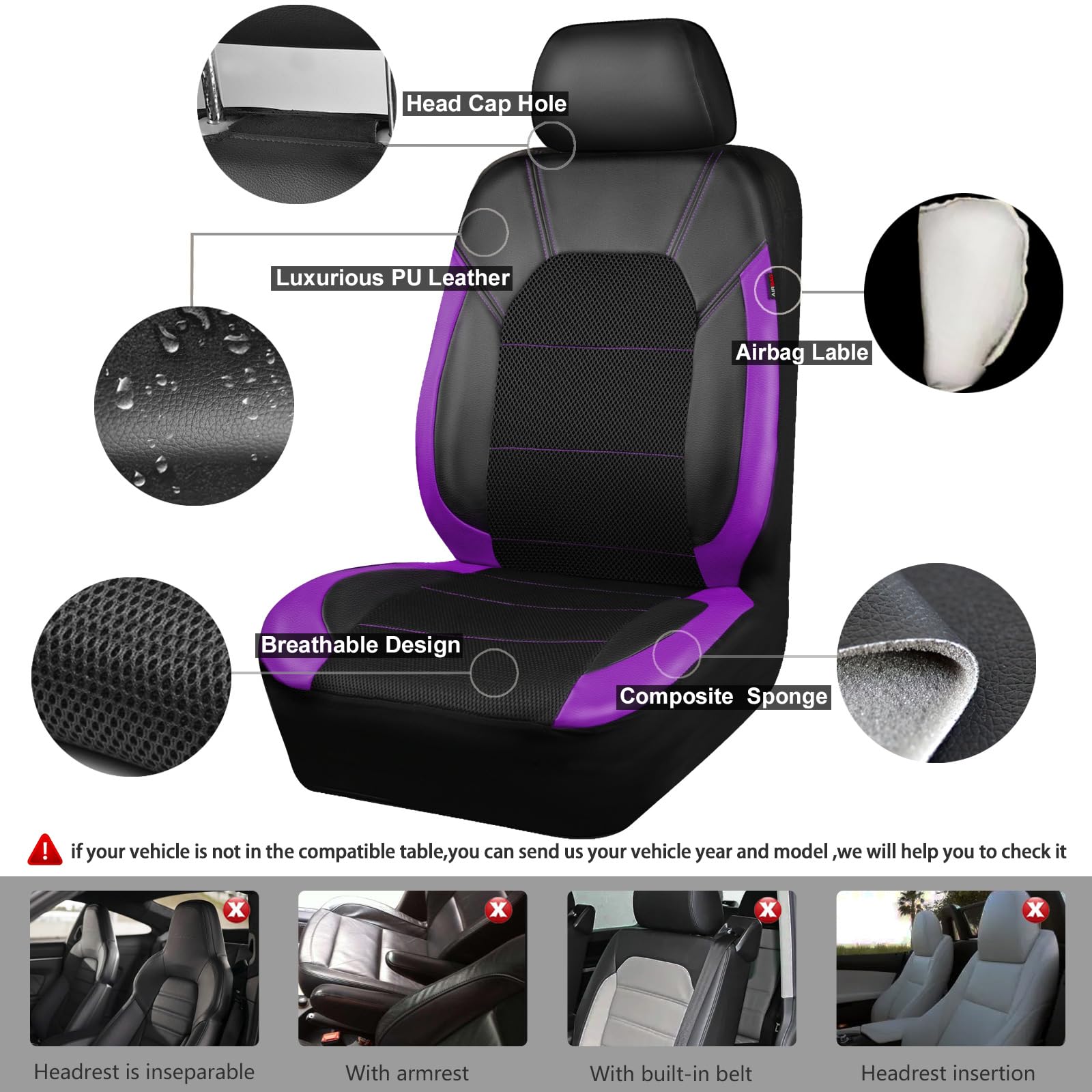 Car Pass Leather Seat Covers, Breathable Universal Car Seat Cover Full Set For Cute Women Girly,Super 5Mm Composite Sponge Insid