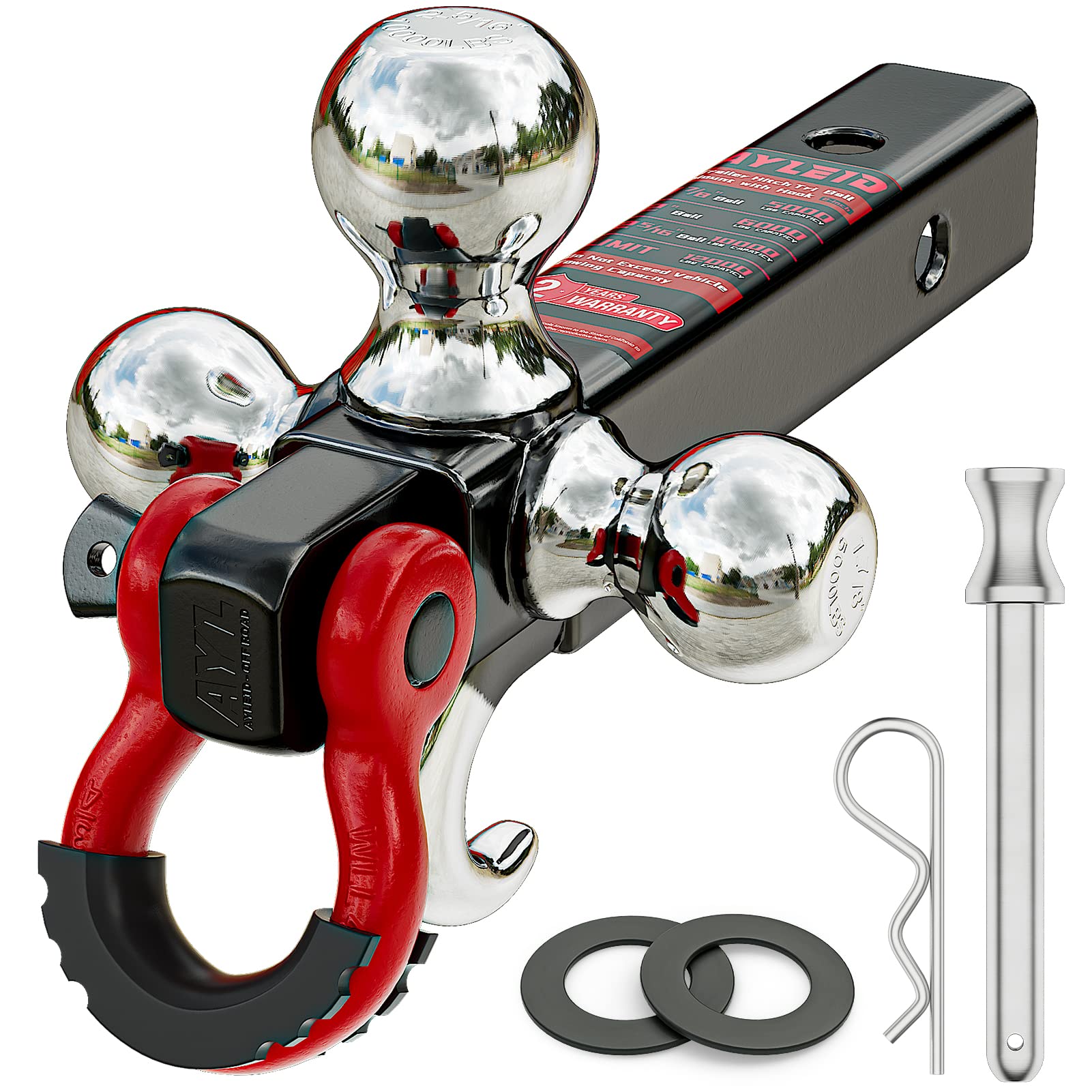 Ayleid Trailer Hitch Tri-Ball Mount With Hook&Pin&Rotatable Tow Shackle,Fits 2-In Receiver With 1-7/8-In,2-In,2-5/16-In Hitch Ball