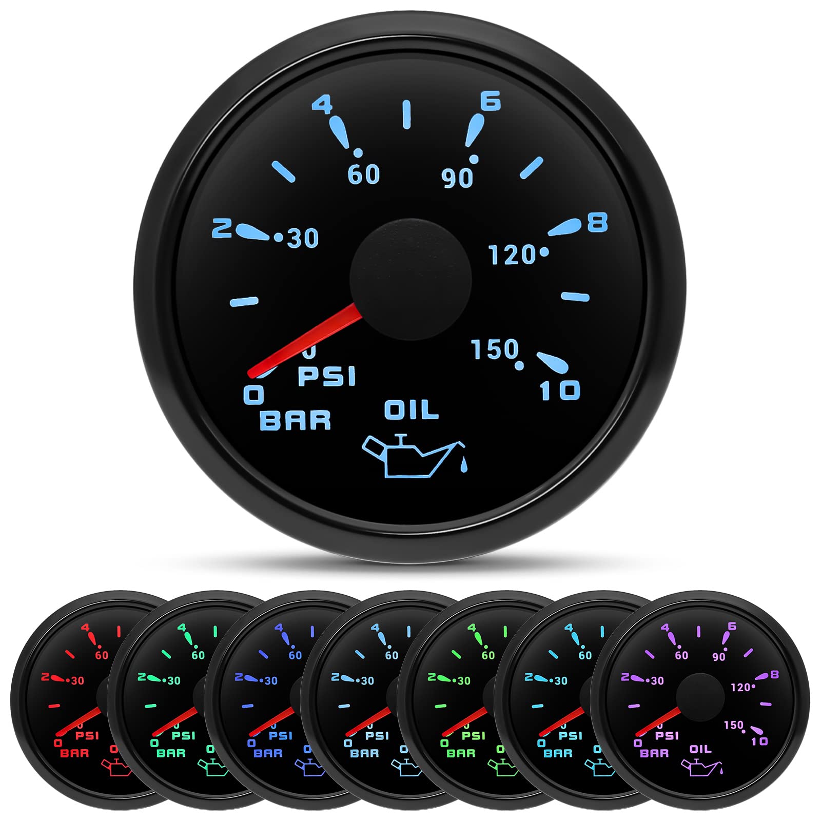 ARTILAURA Oil Pressure Gauge Electric 2-1/16 52mm 0-150 PSI 0-10Bar Boat Meter 7 Color for AUTO Car Truck Marine (All Black)