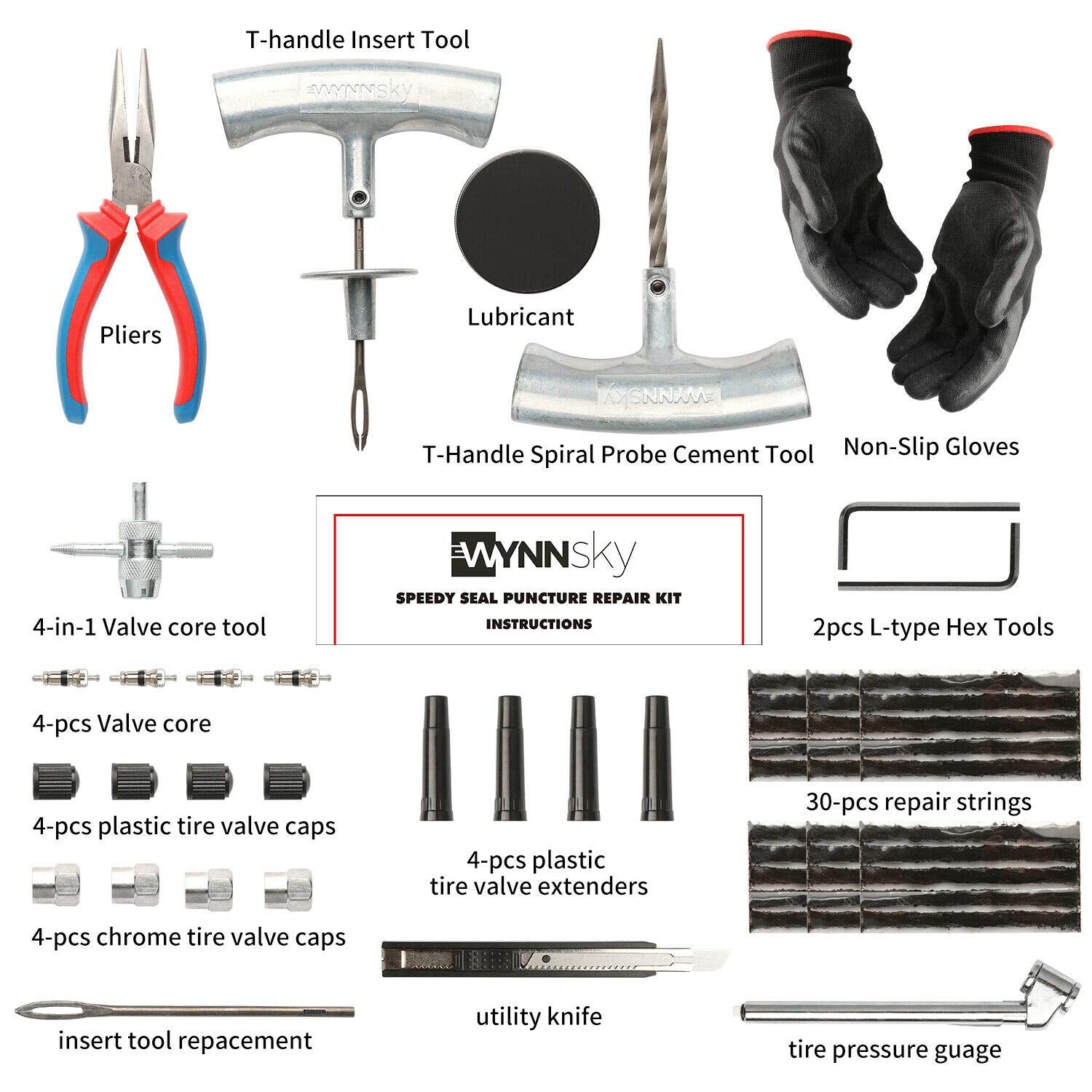 Wynnsky Heavy Duty Tire Repair Tools Kit - 54 Pcs Flat Tire Plug Kit For Motorcycle, Atv, Jeep, Truck, Tractor