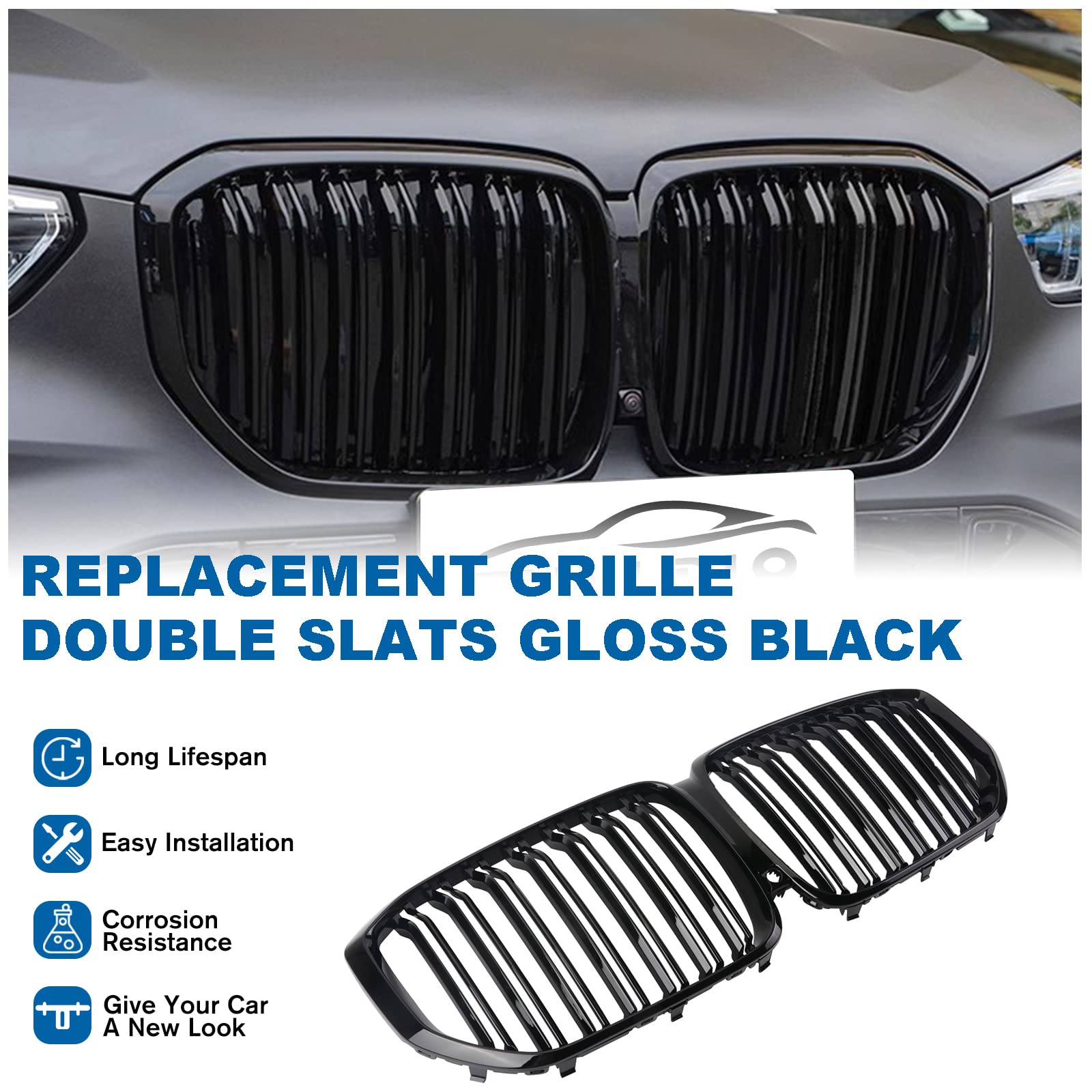 BILLDIO G05 Grill,Front Bumper Kidney Grille Compatible with 2019 2020 2021 2022 2023 X5 G05(ABS Gloss Black Kidney Grille,Doubl