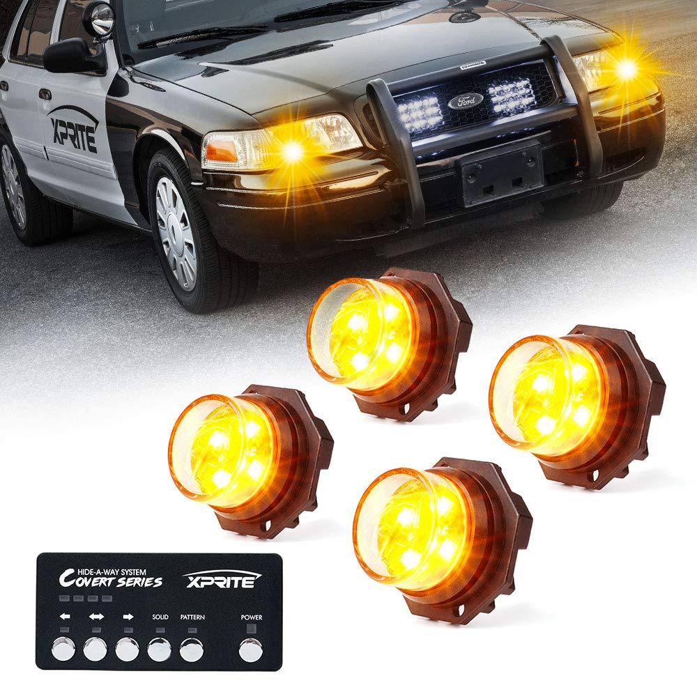 Xprite Amber Led Hideaway Strobe Lights Kit 20 Flashing Patterns W/Control Panel Headlights Taillights Fog Marker Light Mounting