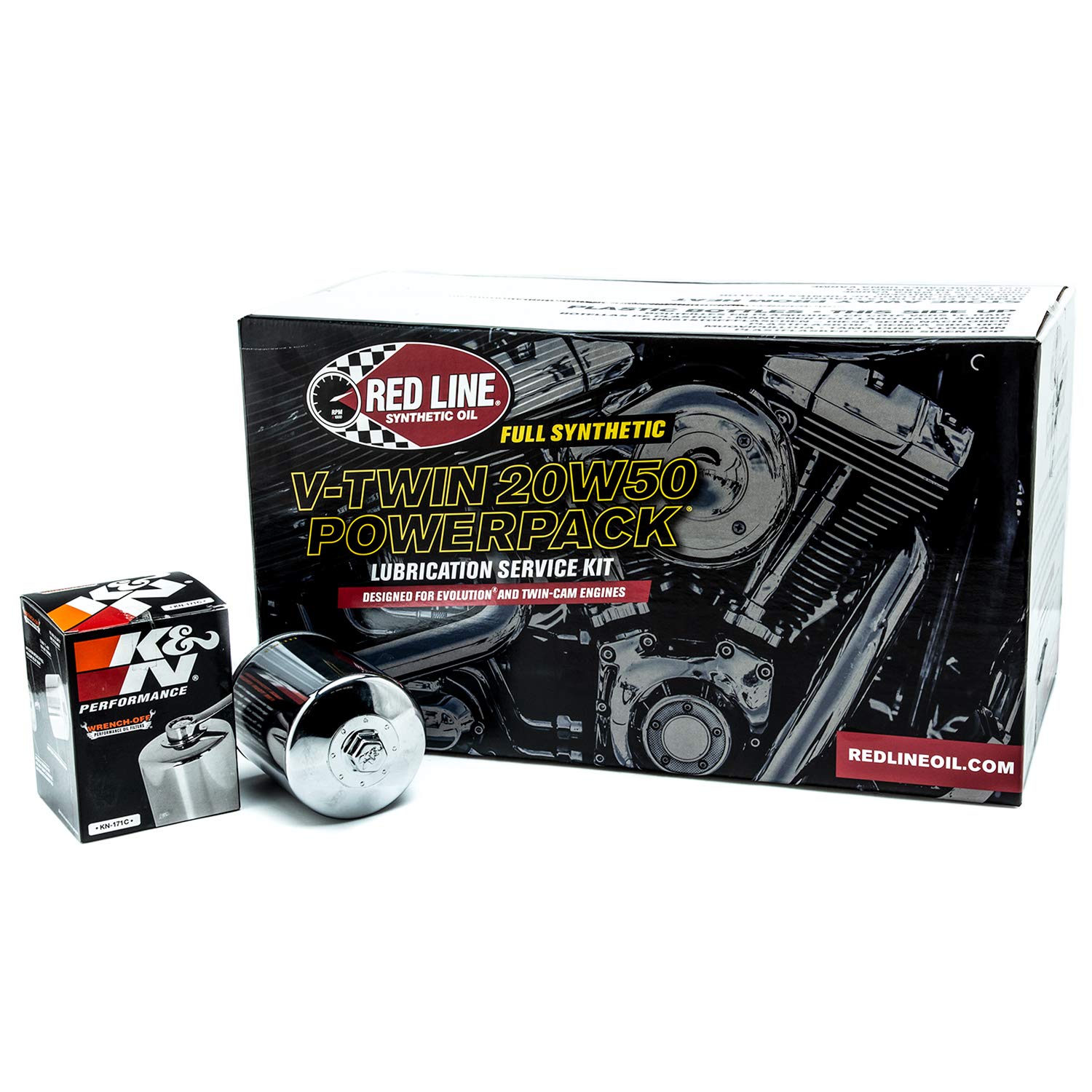 Red Line 90226 Big Twin 20W50 Power Pack Oil Package With K&N High Performance Oil Filter (Complete Kit, Chrome Filter)