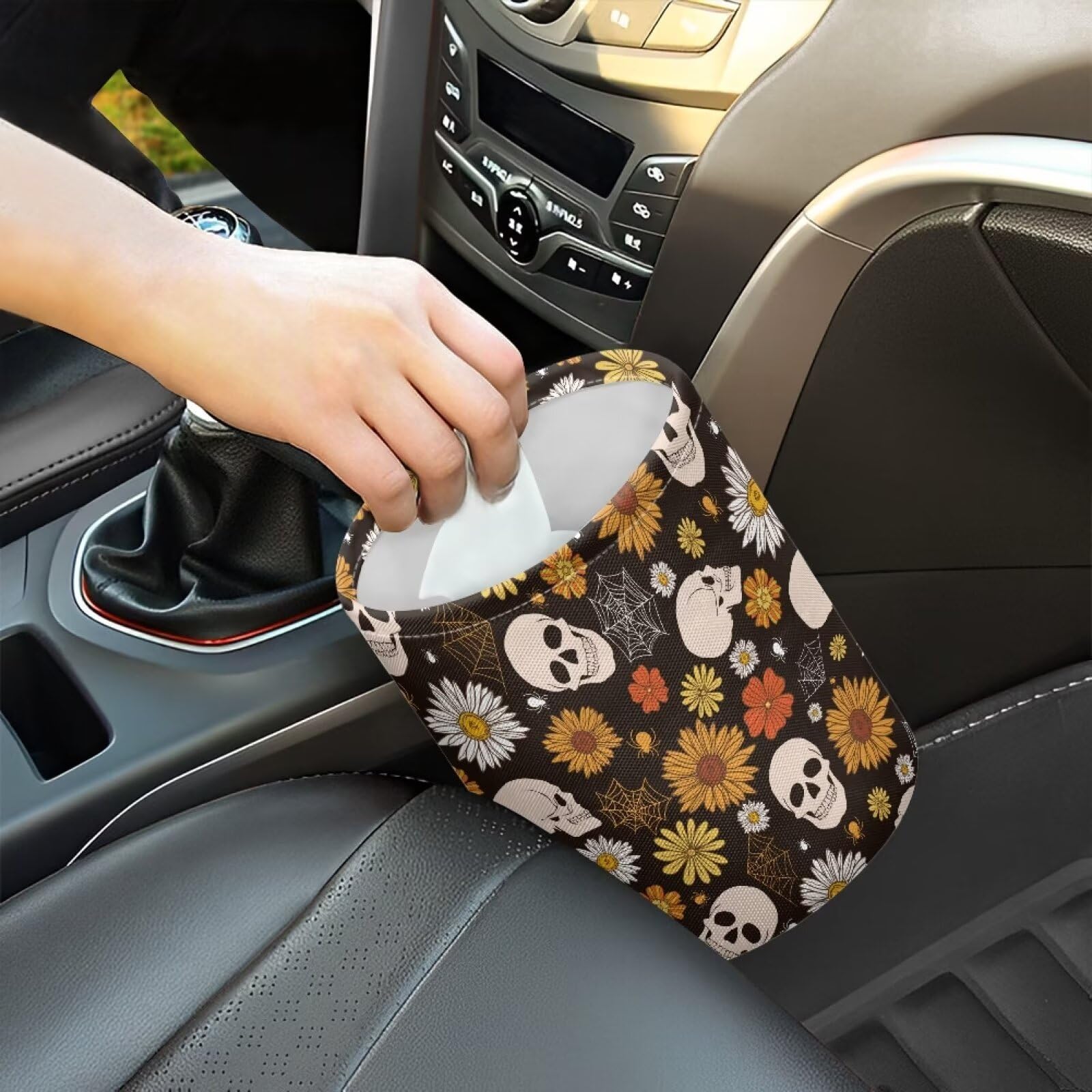 Brosoneto Halloween Gothic Skull Car Trash Bag Portable Garbage Bin Hippie Daisy Retro for Car Front Seat, Back Seat, Floor, Eas