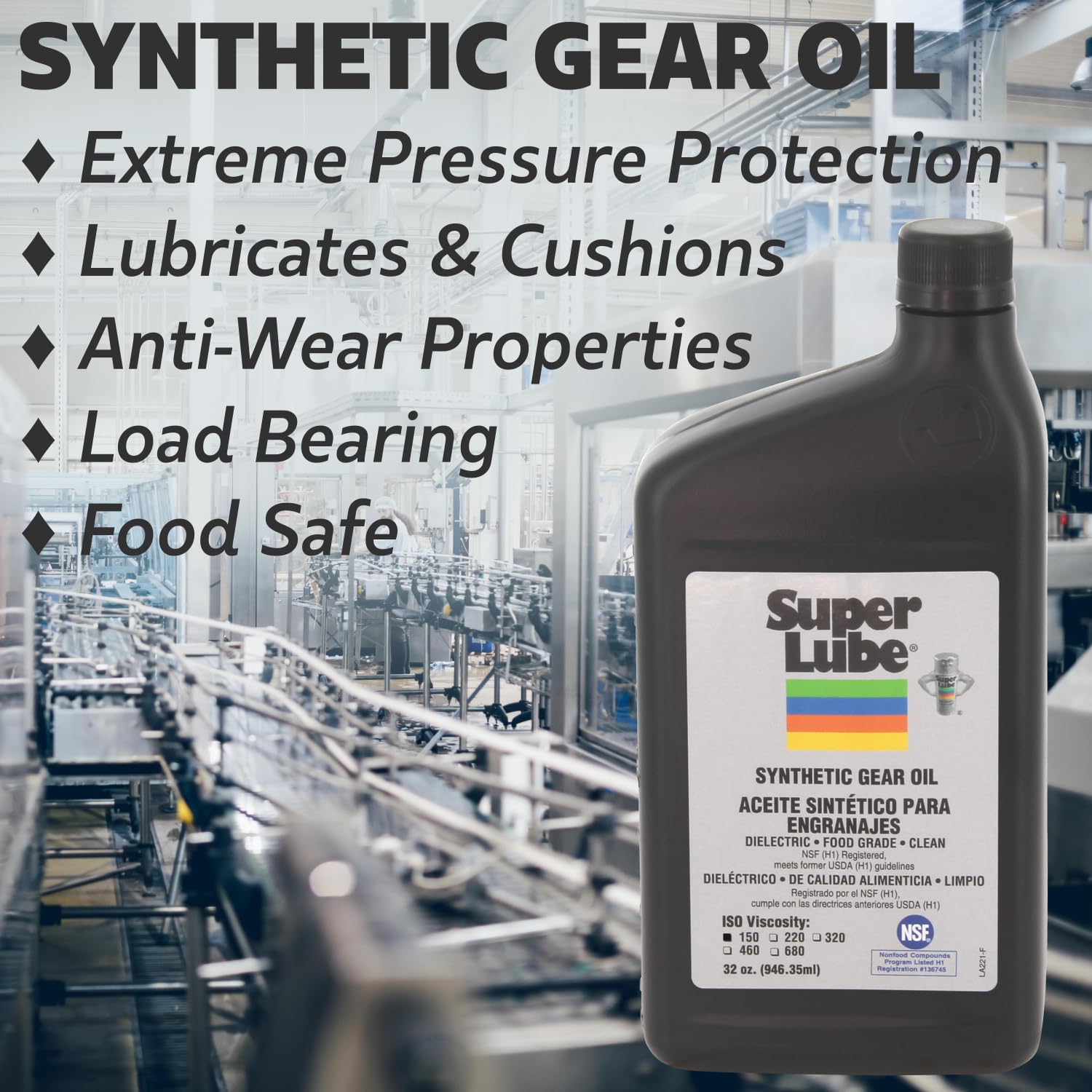 Super Lube Synthetic Gear Oil Hydraulic Grade (Translucent Amber, ISO 150-1qt Bottle) | NSF Certified Food Grade & Clean | Heavy
