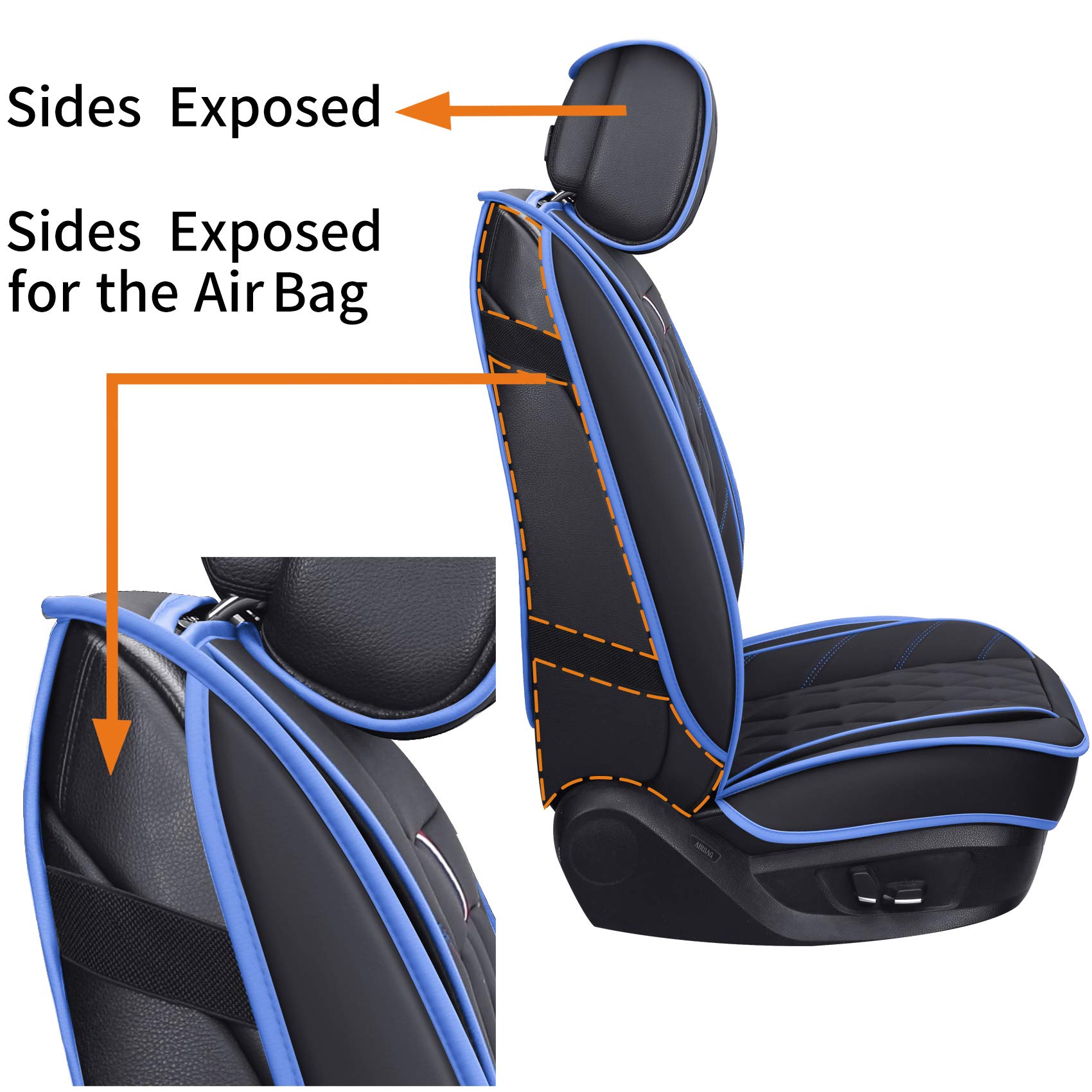 Aierxuan Front Seat Covers For Cars, Waterproof Leather For Nissan Chevy Malibu Kia Soul Sorento Hyundai Elantra Tucson Accent Sonata Kona Outlander Galant (2 Pcs Front, Black-Blue)