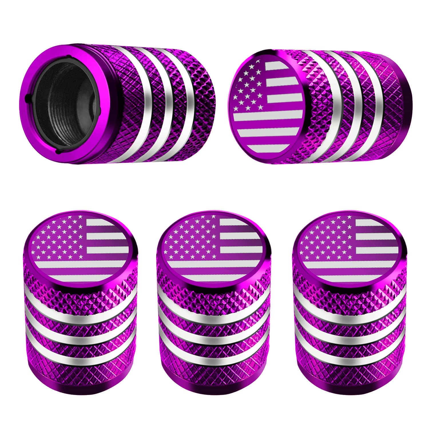Tire Valve Stem Cap Cover - (5 Pack) Tire Air Cap Metal With Plastic Liner Corrosion Resistant Leak-Proof American Flag For Car Truck Motorcycle Bike Purple