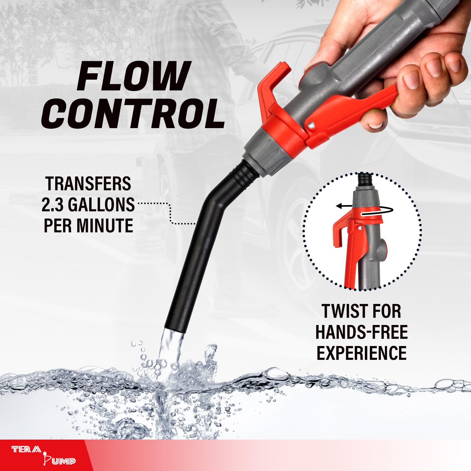 TeraPump 2nd Gen. TREP01-TXL E85 Electric Gas Transfer Pump - 2D Battery, 2.3 GPM, 10ft Upgraded Vinyl Hose with Quick Stop Flow