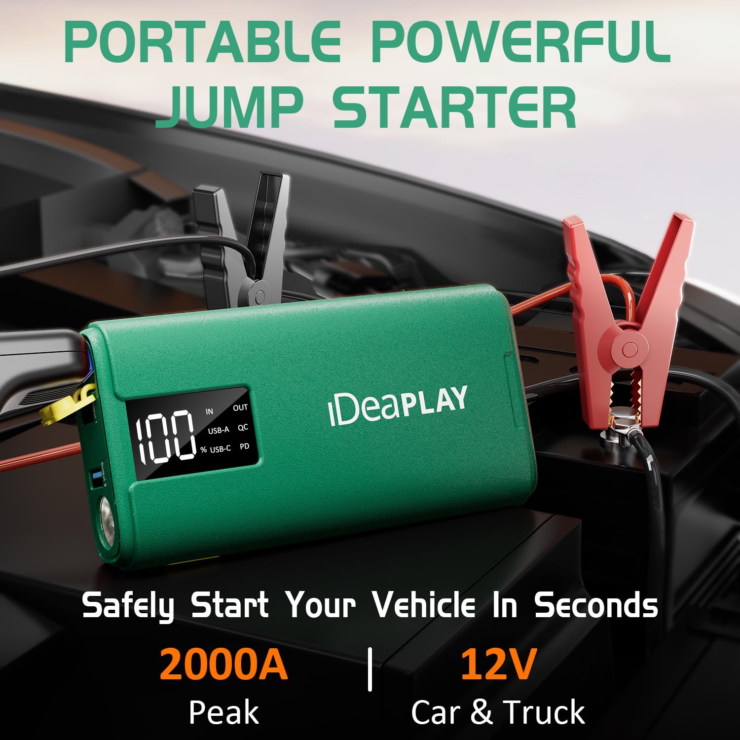 IDEAPLAY J10 2000A Jump Starter, 12V Portable Battery for 8.0L Gas & 7.0L Diesel, Fast Charging, LED Flashlight, Green