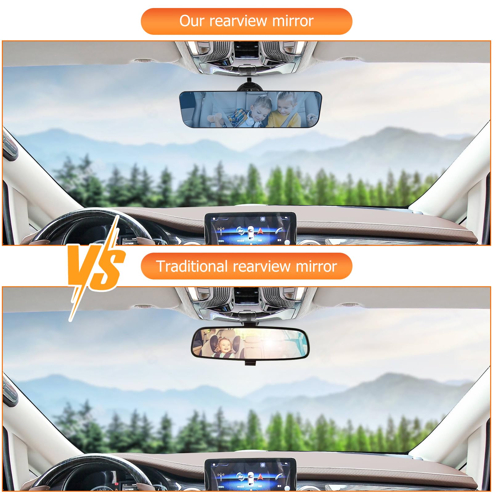 12'' Large Anti Glare Rear View Mirror with Suction Cup, Stick on Universal Frameless Inside Rearview Blue Mirror with Parabolic