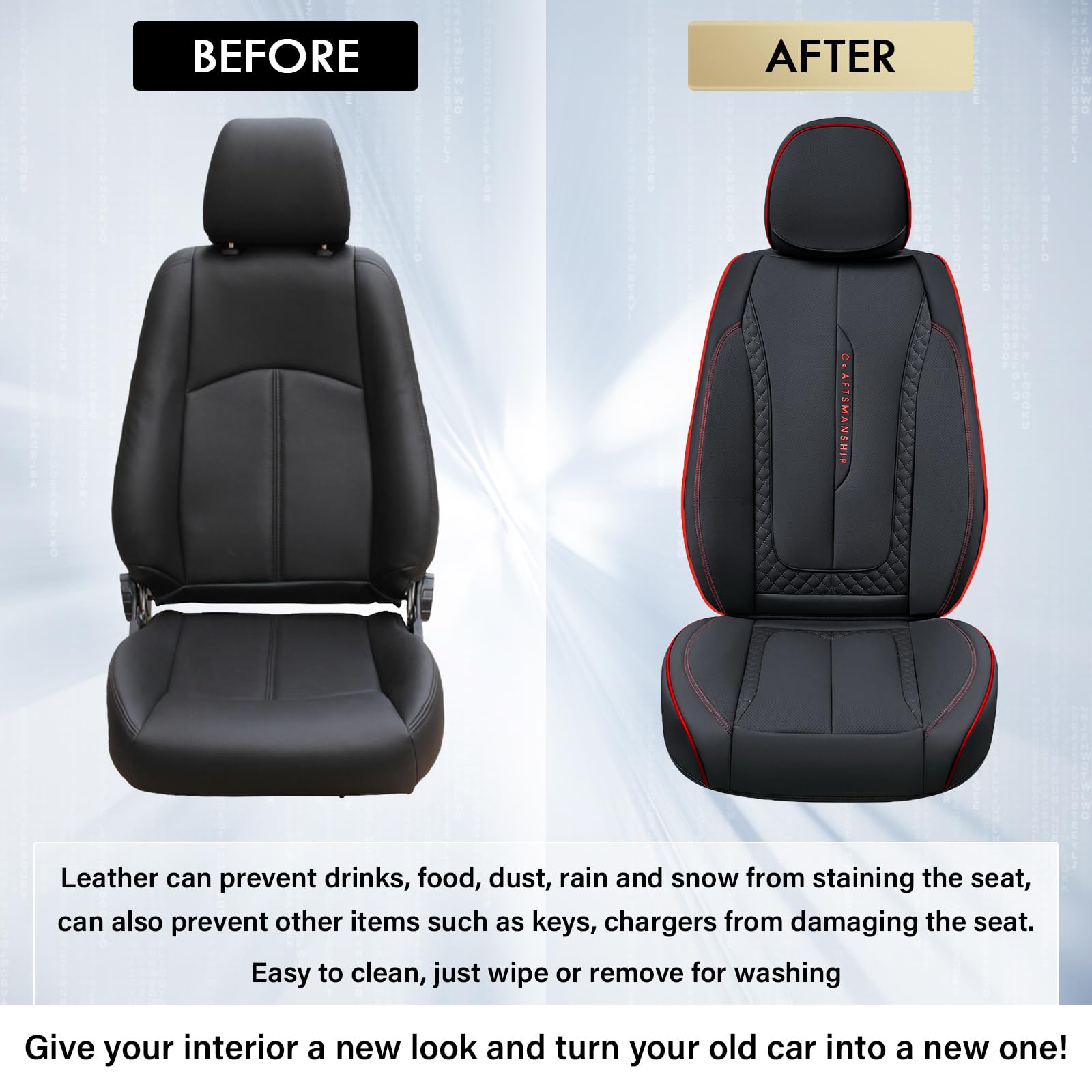 Coverado Car Seat Cover Full Set, Red Seat Covers Front Seats Back Seat Covers, Nappa Leather Waterproof, Car Seat Cushion, Car