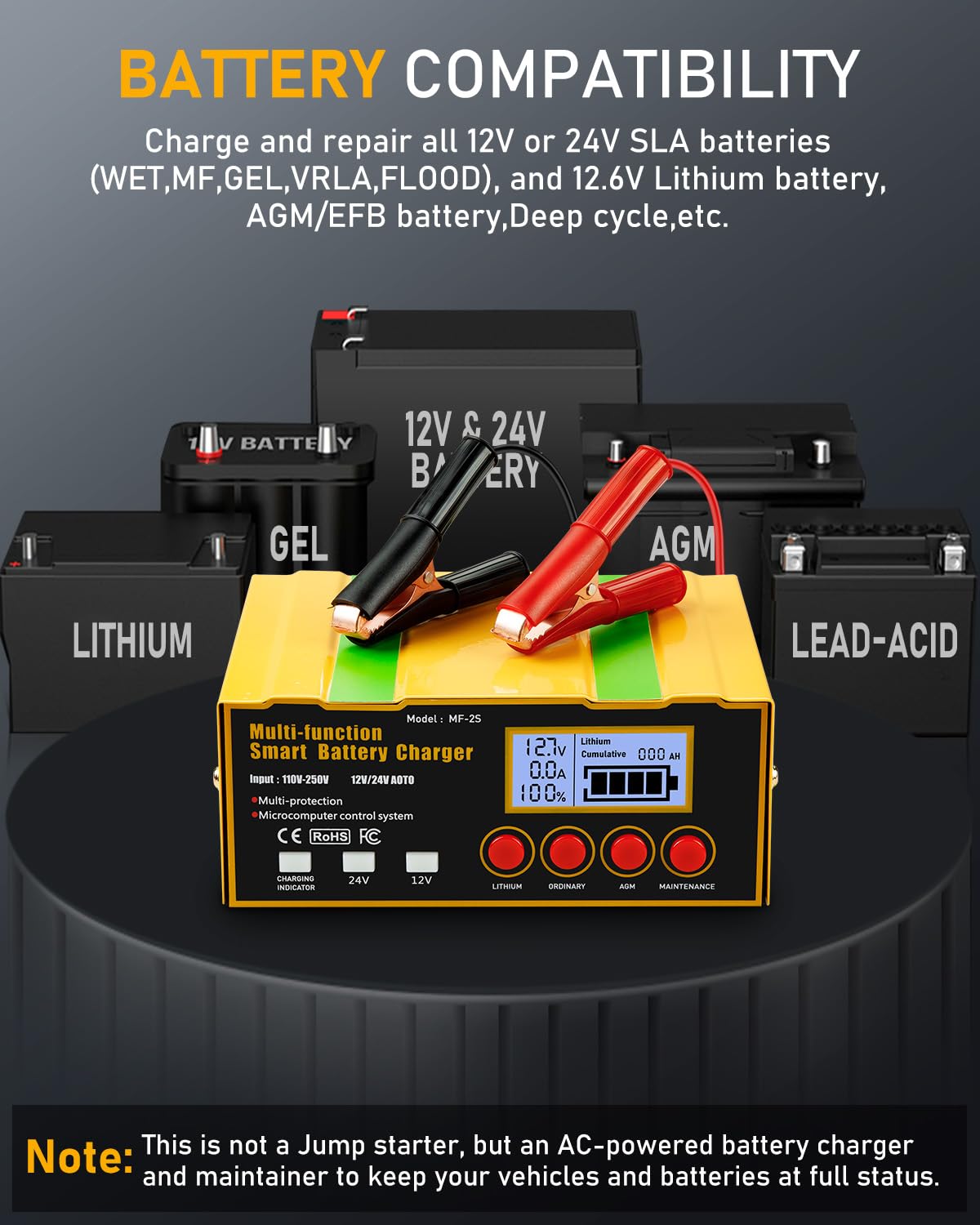 12-Amp Smart Battery Charger,Lithium,Lead-Acid(AGM/Gel/SLA) Pulse Repair Car Battery Charger,Trickle Charger,Maintainer/Deep Cyc