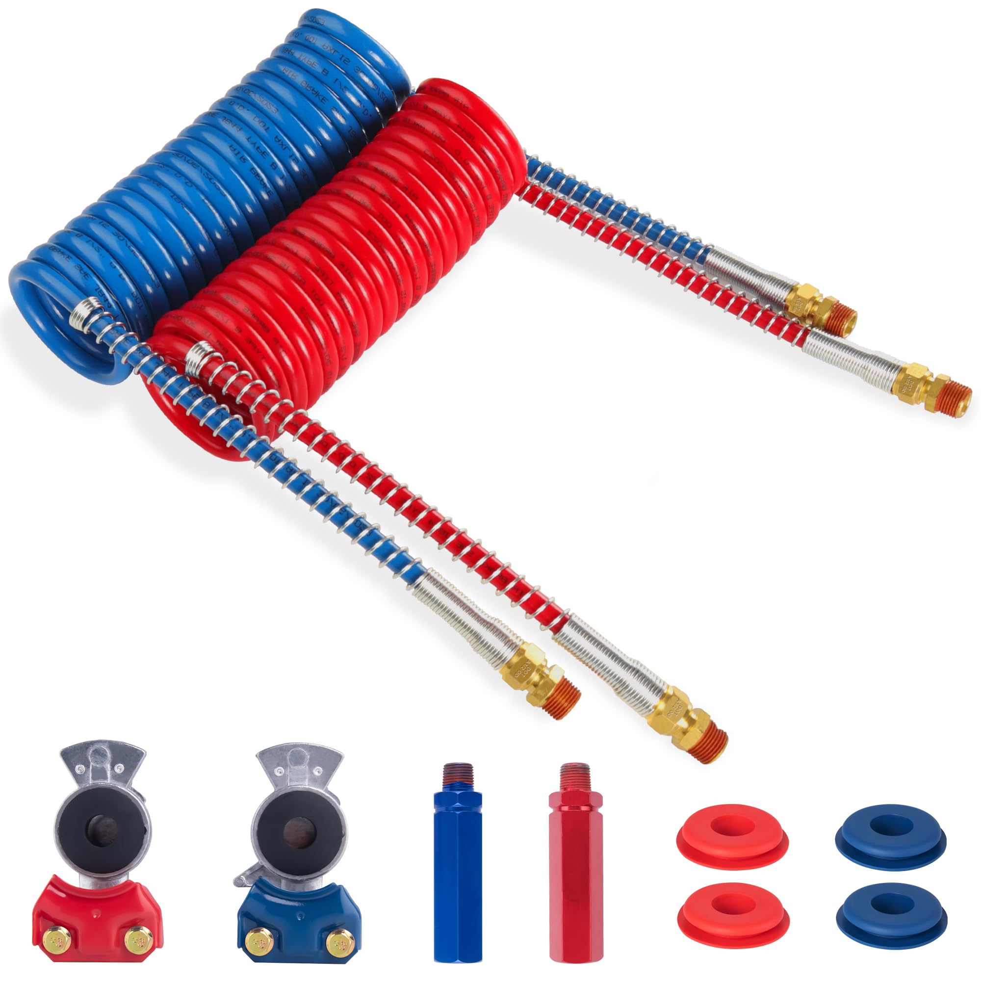 Ailbiuko Air Brake Line Hose Coil Assembly Coiled Set 15 Ft Air Lines Semi Truck Trailer Hoses,1/2'' Npt Dot Fittings With Glad