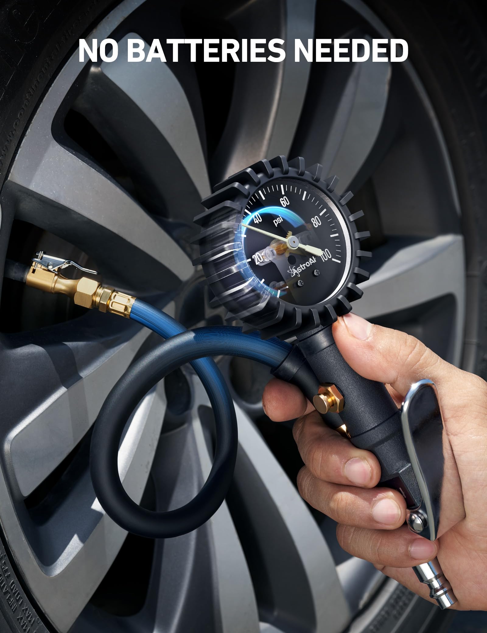 AstroAI Glow Dial Tire Inflator with Pressure Gauge 100 PSI, Heavy Duty with Large 2' Easy Read Glow Dial, Air Chuck, Quick Connect Coupler and Rubber Hose Compressor Accessories, Gifts for Men.