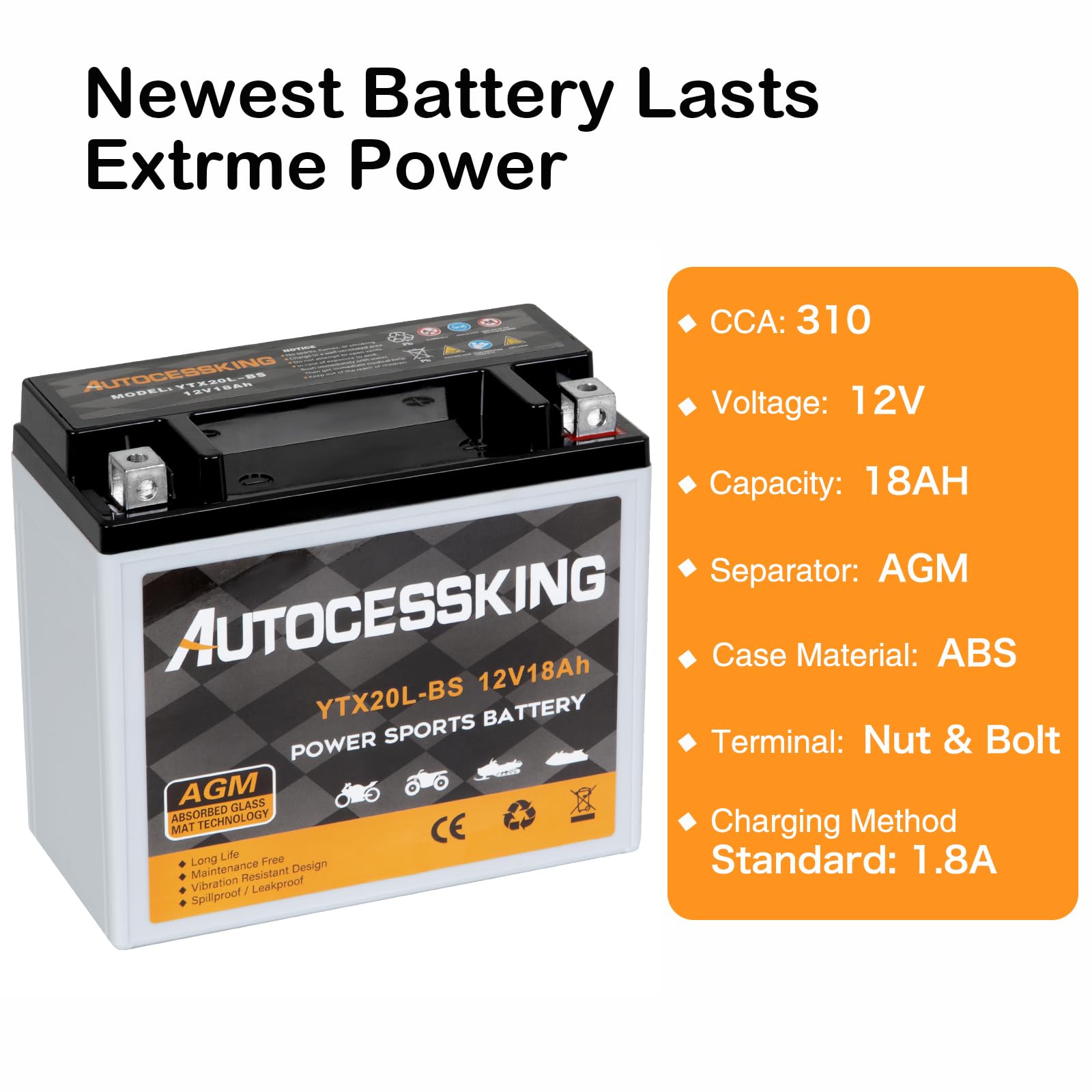 Autocessking Ytx20L-Bs 12V 18Ah Motorcycle Battery, Rechargeable Sealed Agm Battery Maintenance Free Powersport Replacement Batt