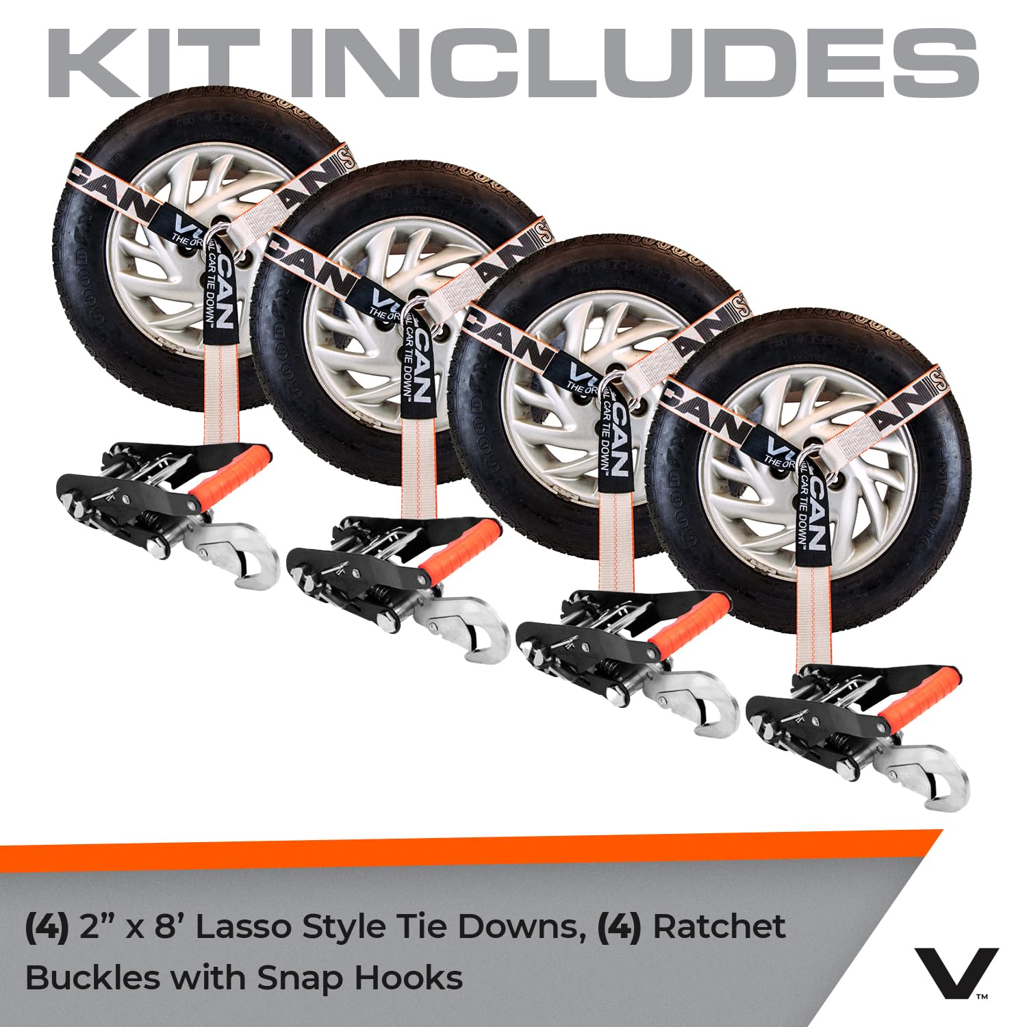 Vulcan Car Tie Down With Snap Hooks - Lasso Style - 2 Inch X 96 Inch, 4 Pack - Silver Series - 3,300 Pound Safe Working Load