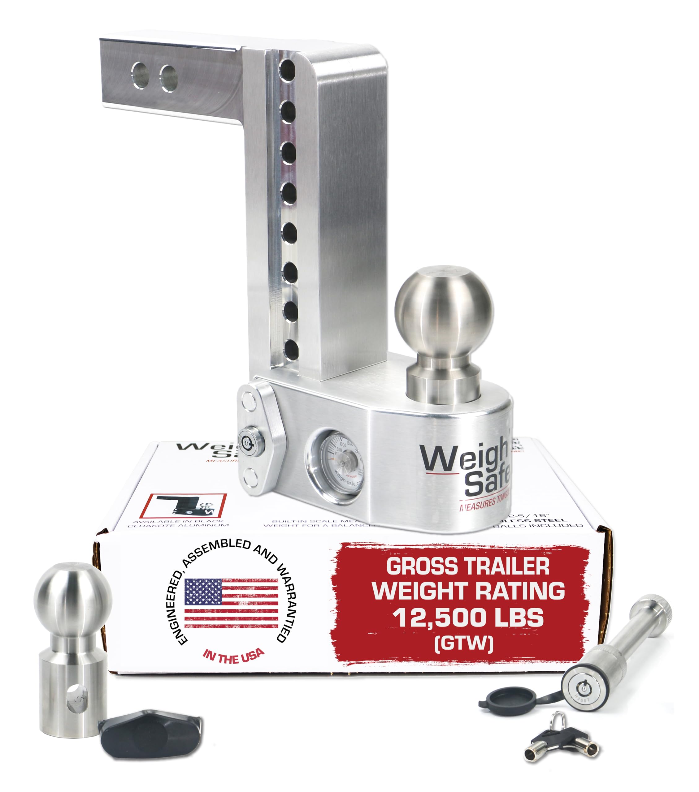 Weigh Safe Adjustable Trailer Hitch Ball Mount - 8'' Drop Hitch For 2'' Receiver W/ 2 Pc Keyed Alike Lock Set, Premium Aluminum