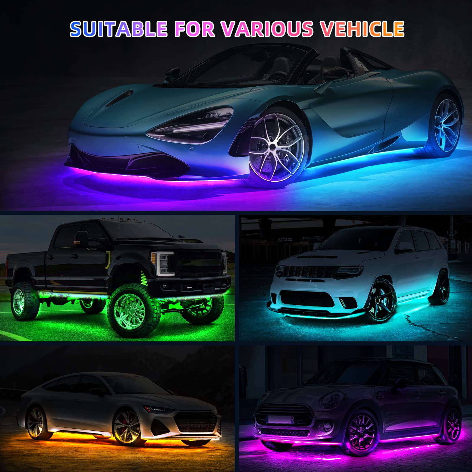 4 Pcs Rgb Underglow Led Lights For Cars Truck Suv Golf Cart Utv Atv, 12V Waterproof Multicolor Underbody Neon Accent Strip Light