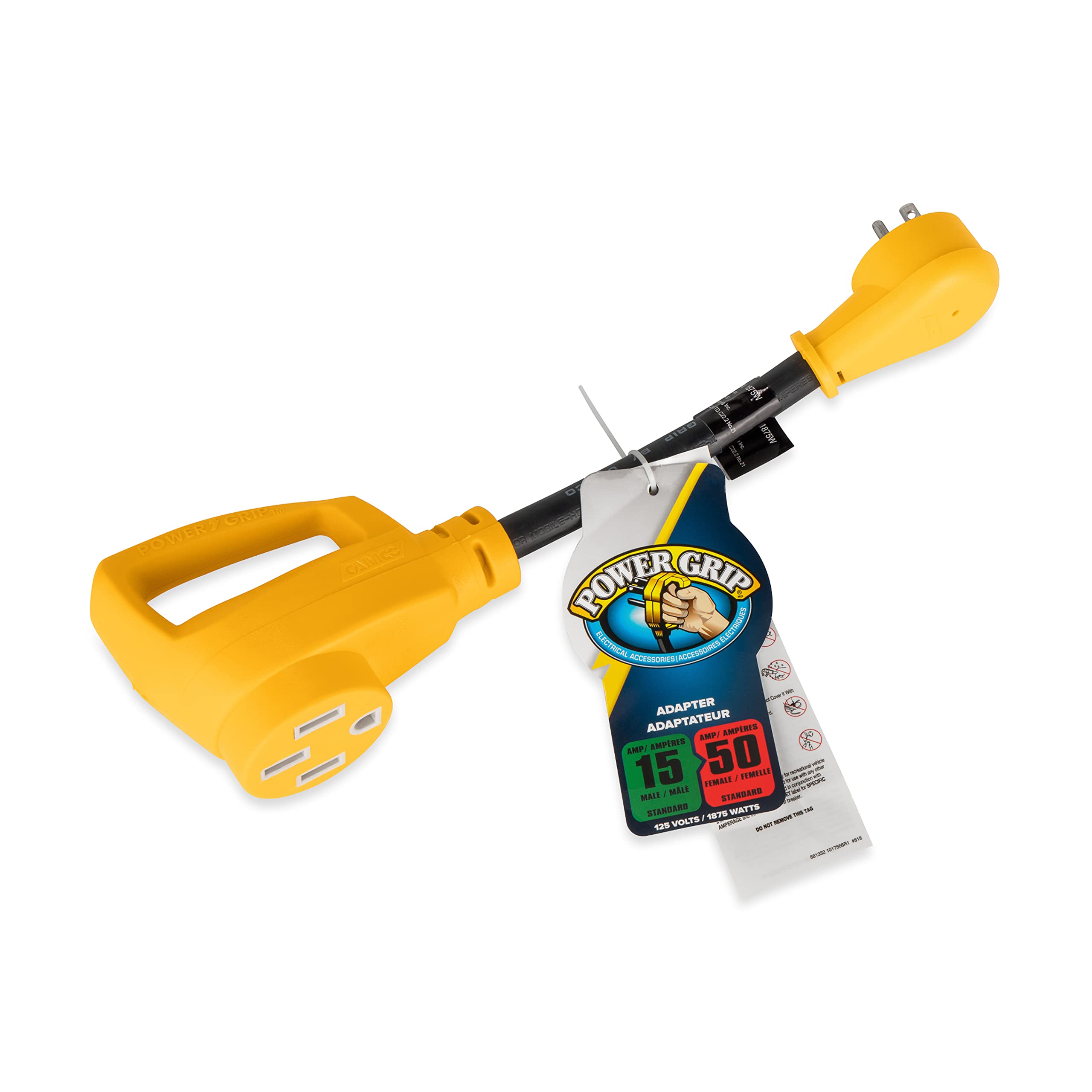 Camco Rv Dogbone Electrical Adapter With Innovative 180 Degree Bend Design And Powergrip Handle - 15 Amp Male To 50 Amp Female, 12 (55168)