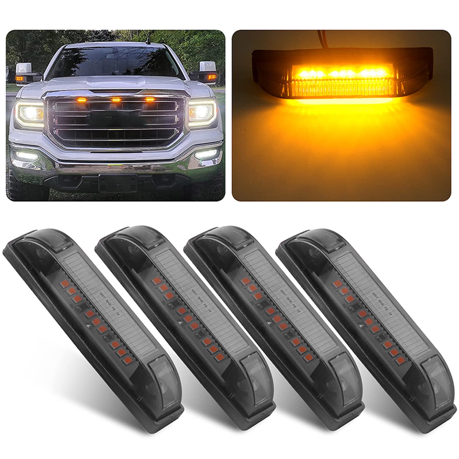 Smoked Amber Full Led Center Grille Lights Kit, 4Pcs 4 Inch Running/Position Lights Compatible With Tacoma/4Runner/Tundra/Silver