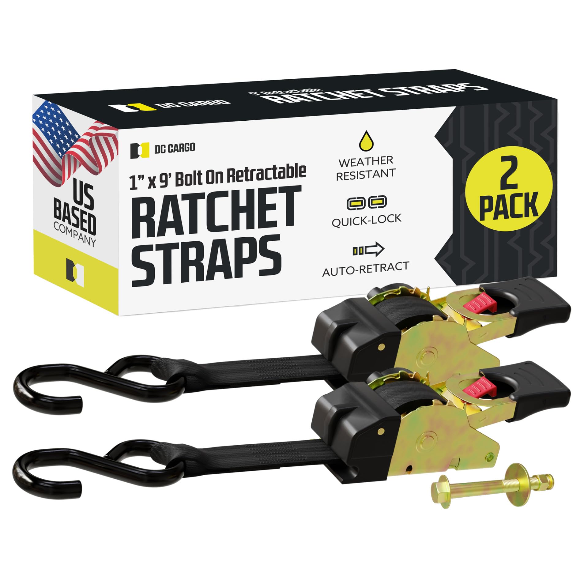 DC Cargo Mall Bolt-on Auto Retractable Ratchet Straps - (2 Pack) 1 Inch x 9 Ft - 400 lbs Break Strength - Retractable Ratchet Ti