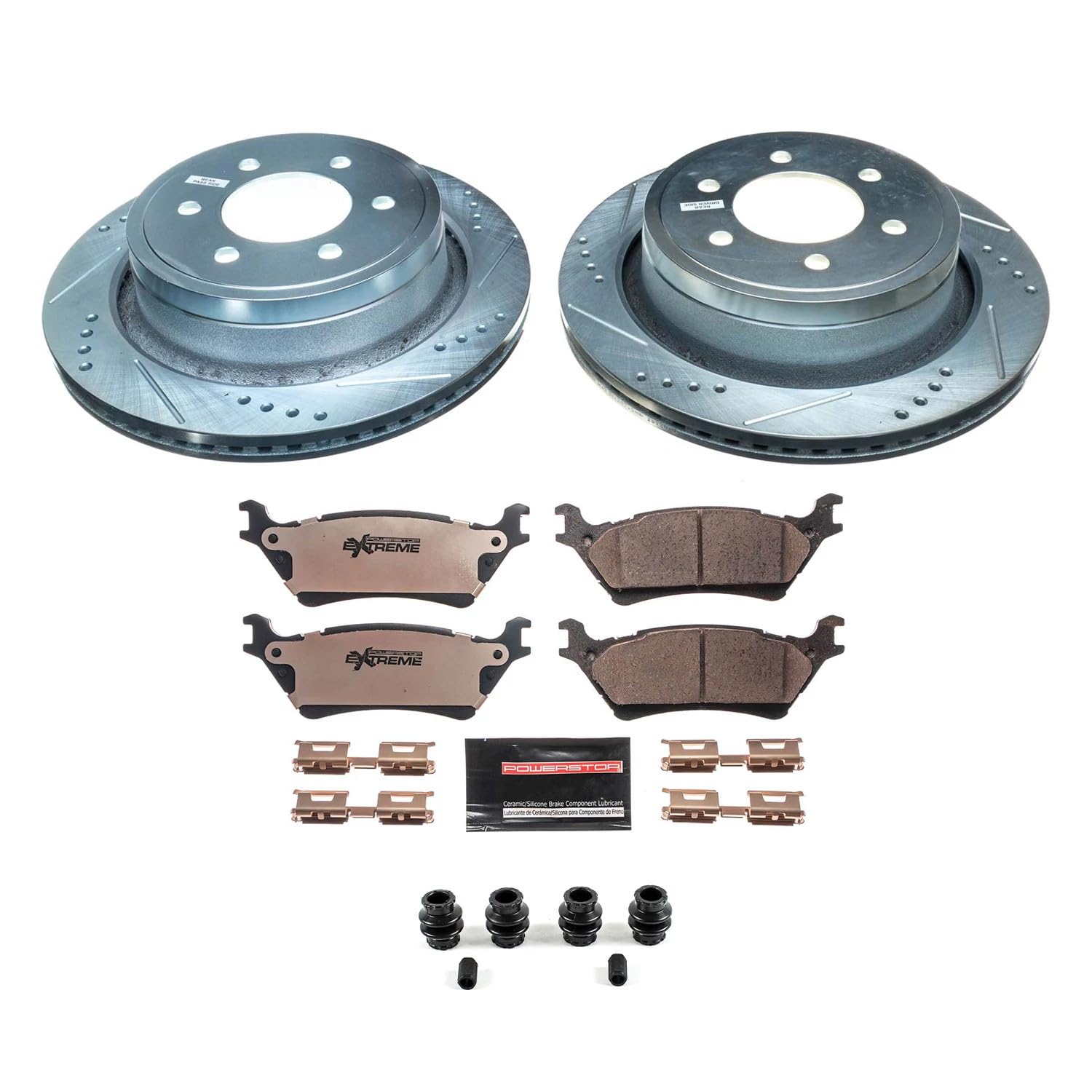 Power Stop Brake Kit For 2012-2018 Ford F-150 6 Lug - Rear Truck & Tow Carbon Fiber Ceramic Brake Pads and Drilled and Slotted B