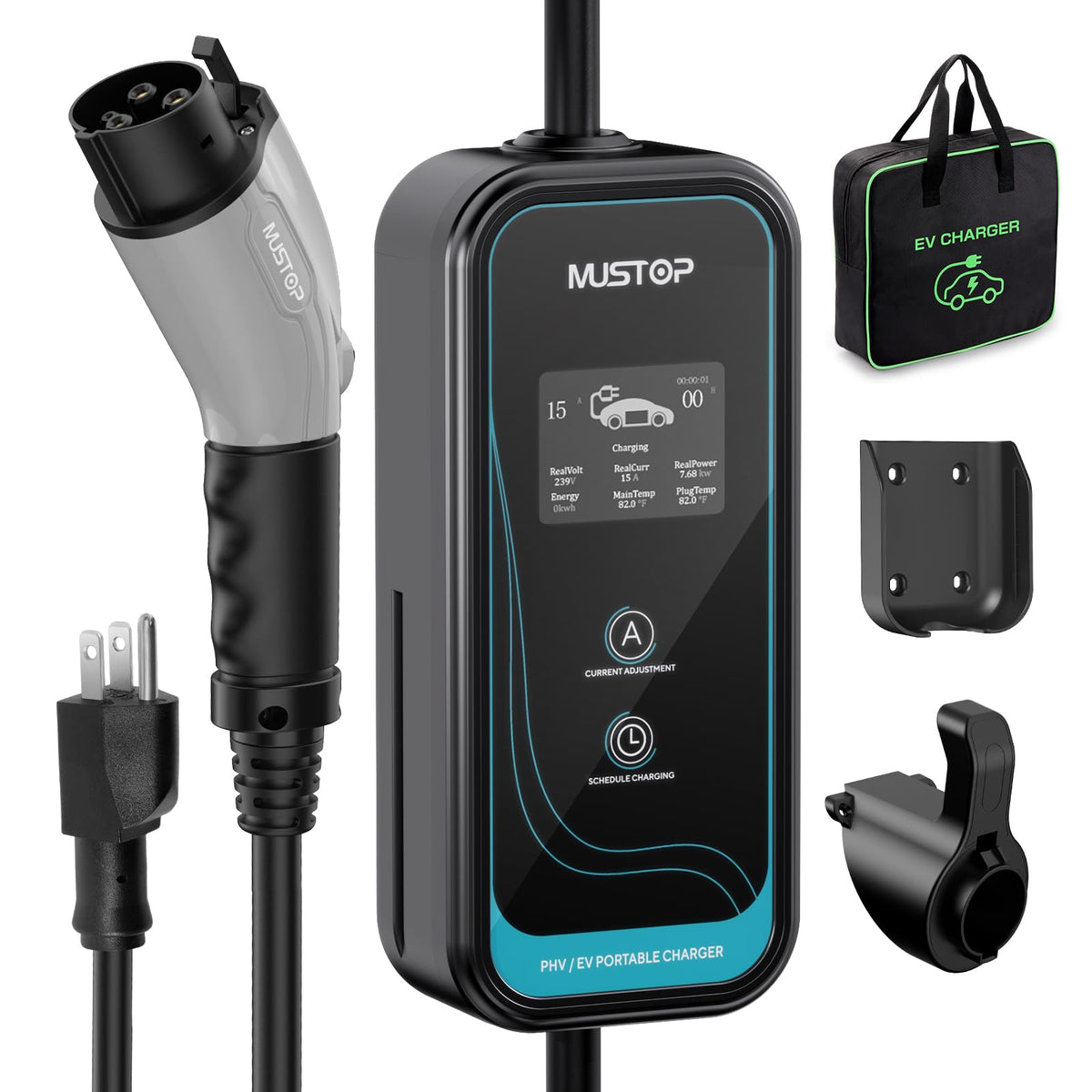 Mustop EV Charger Level 1 (15A /110V / NEMA 5-15 / 25ft),EVSE Adjustable Currents 6A-15A,IP65 Waterproof Home EV Charging Statio