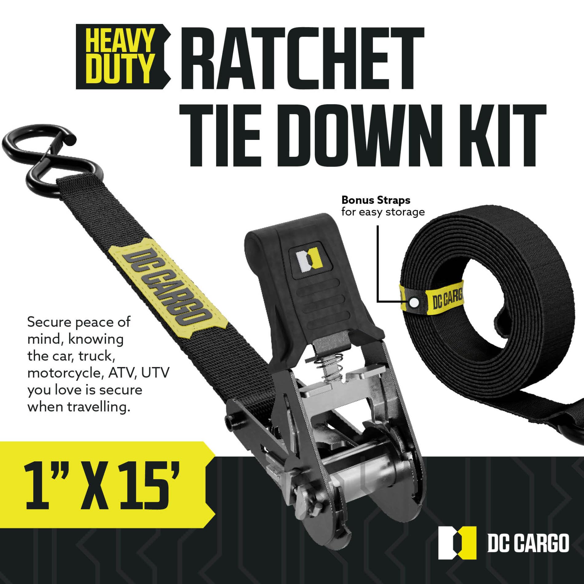 Dc Cargo Mall Ratchet Straps Tie Downs 4 Pack (1,800 Lb Break Strength) 1' X 15 Feet Tie Down Straps With Safety Lock S Hooks For Cargo, Trucks, Appliances, Moving.