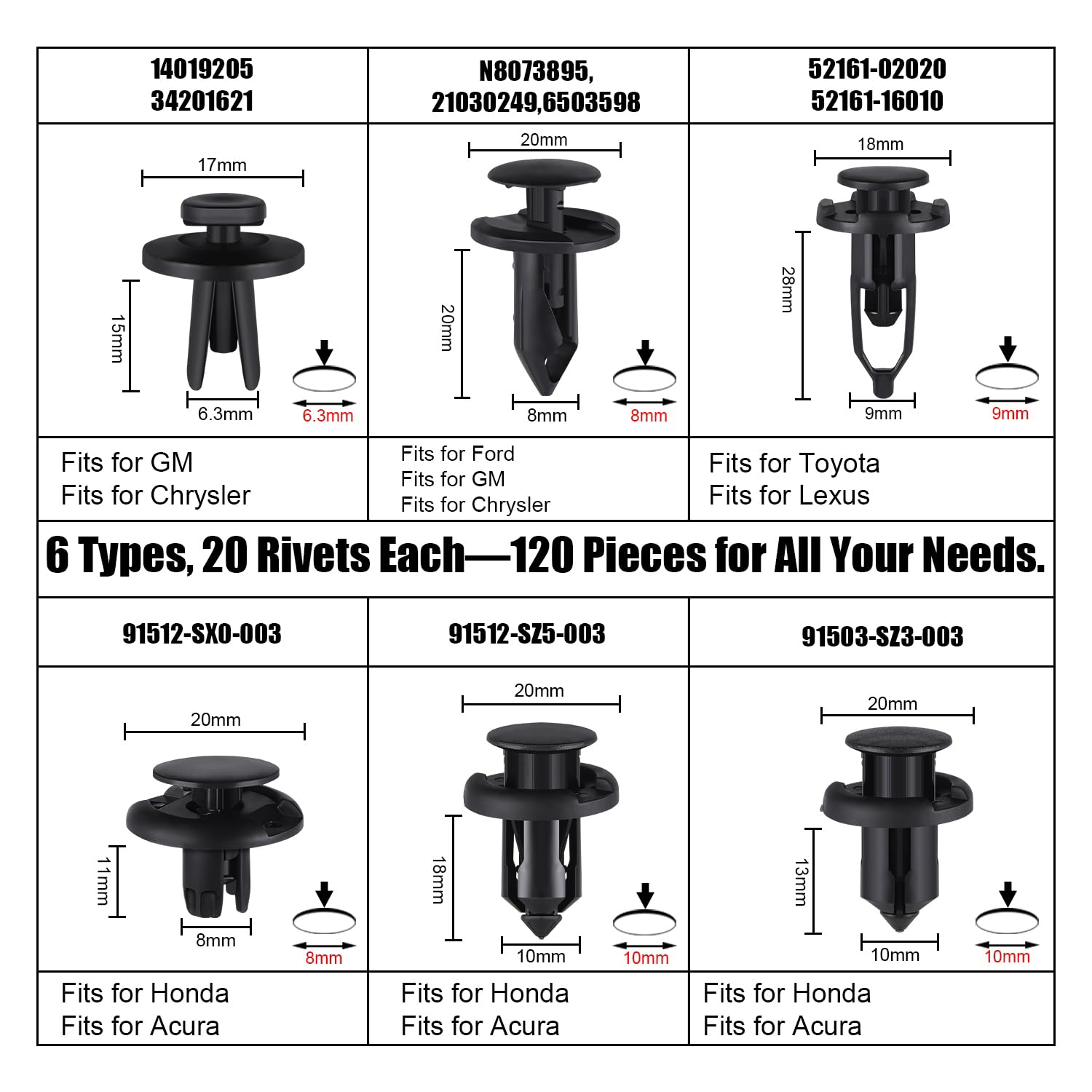 Livtee 120Pcs Retainer Clips Push Type Fasteners 6.3Mm 8Mm 9Mm 10Mm Expansion Screws Replacement Kit Bumper Push Rivet Clips Wit