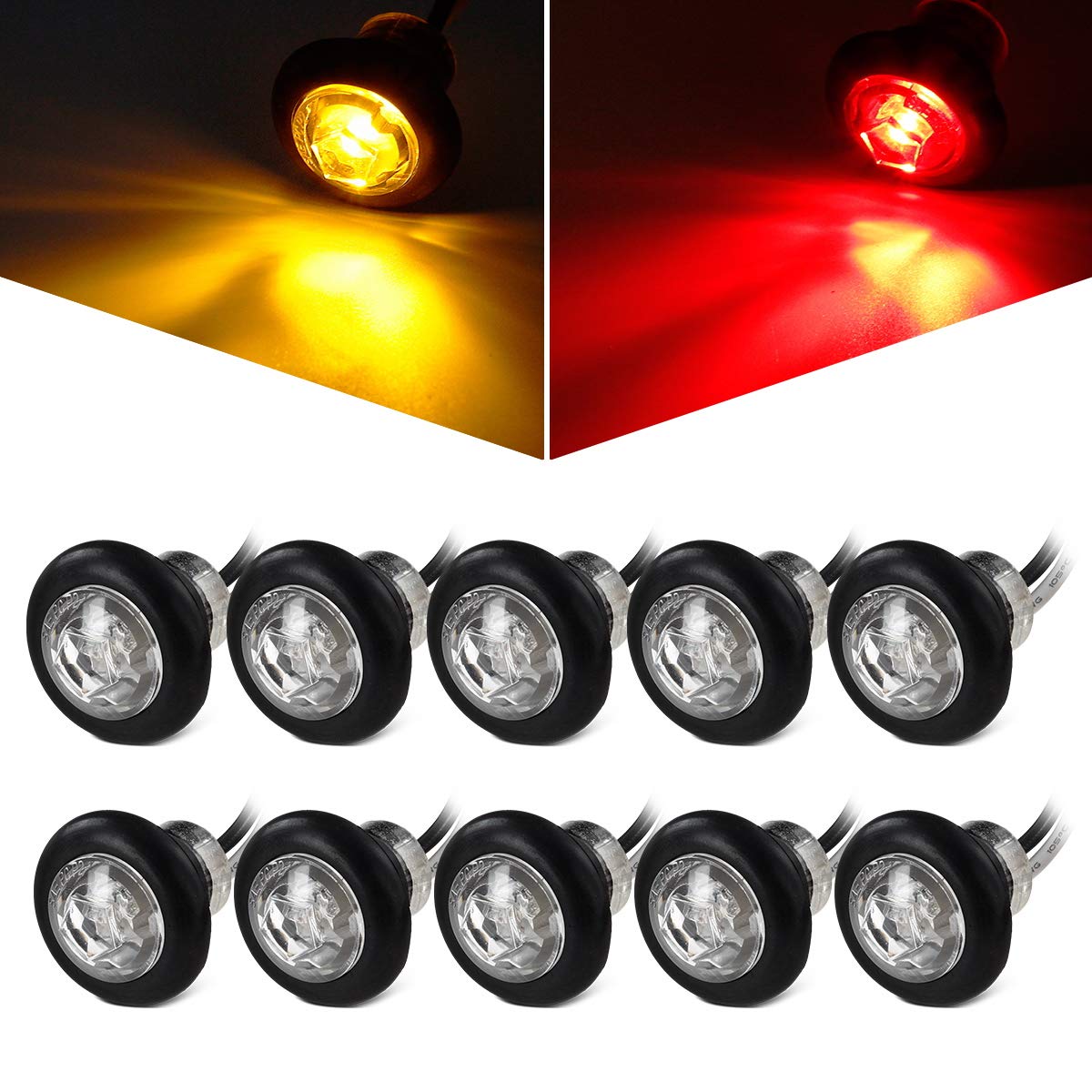 Partsam 10Pcs 3/4'' Mini Round Led Marker Lights W Bullet Plugs, Sealed Waterproof Clear Lens 3/4 Inch Clearance Lights For Trai