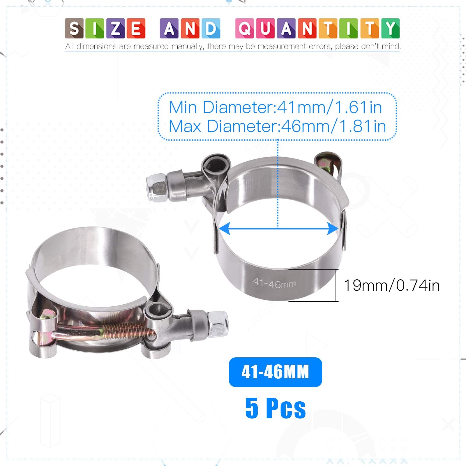 Glarks 5Pcs 32-37Mm Stainless Steel T-Bolt Hose Clamps Turbo Intake Soft Hose Intercooler Clamps