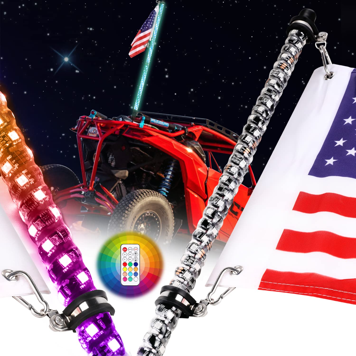 Nirider 3Ft Led Whip Lights With Flag Pole Remote Control Spiral Rgb Chase Light Offroad Warning Lighted Antenna Led Whips For U