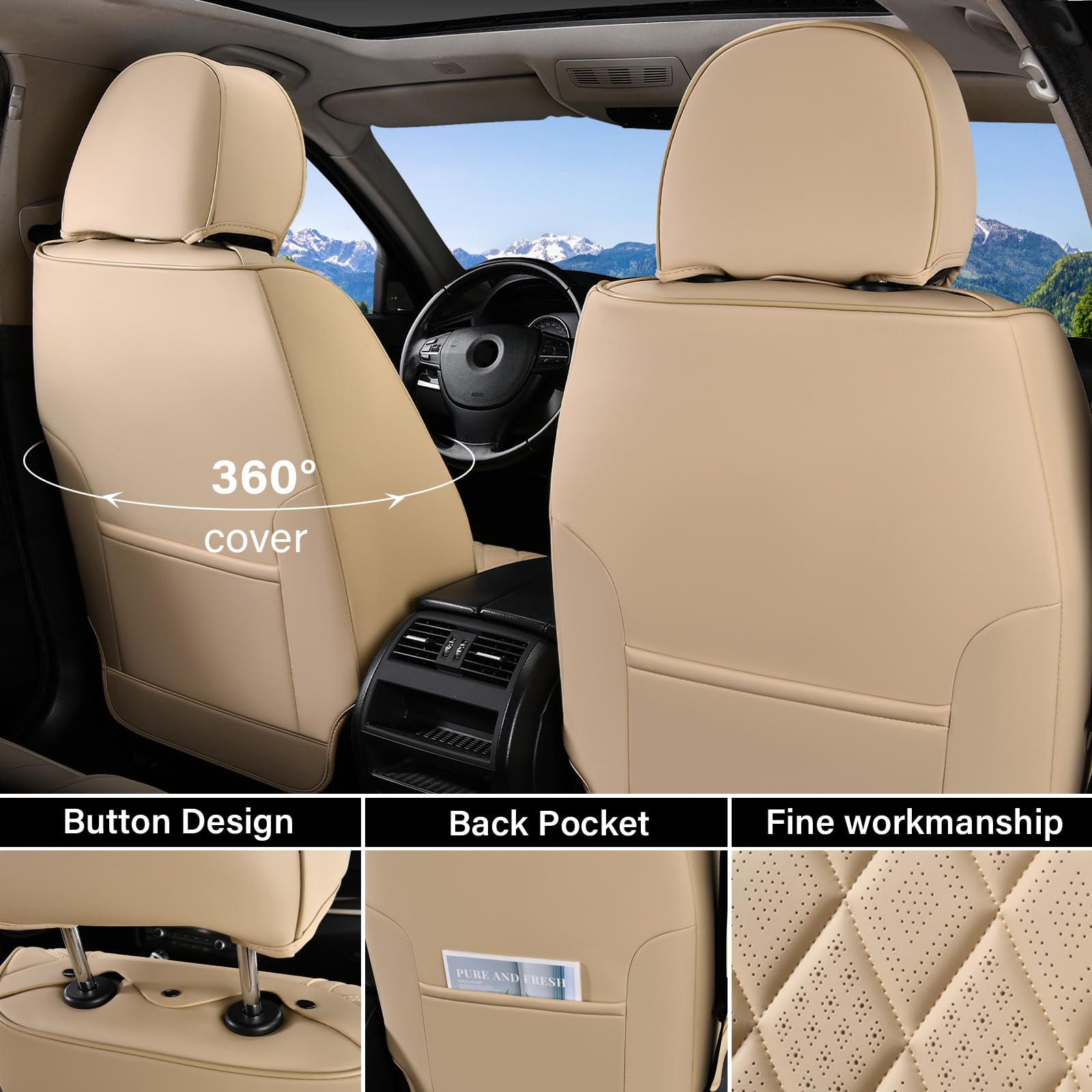Coverado Front Seat Covers, Luxury Faux Leather Waterproof Seat Cover, Beige Car Seat Protector, Car Seat Cover Front Seats, Aut