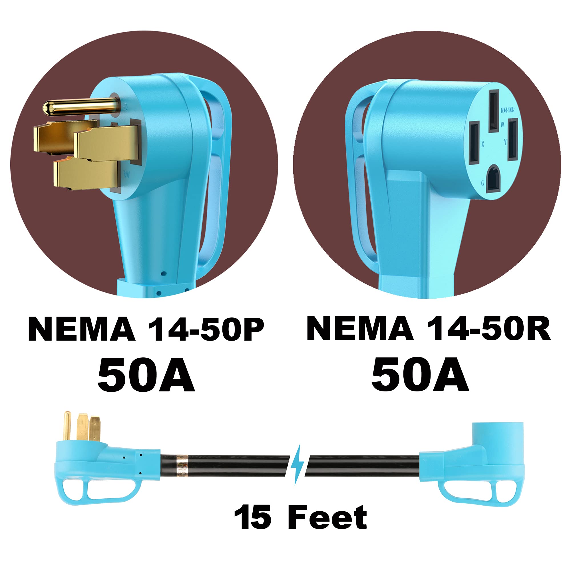 Circlecord Ul Listed 50 Amp 15 Feet Rv/Ev Extension Cord, Heavy Duty 6/3+8/1 Gauge Stw Wire, Nema 14-50P/R Suit For Tesla Model