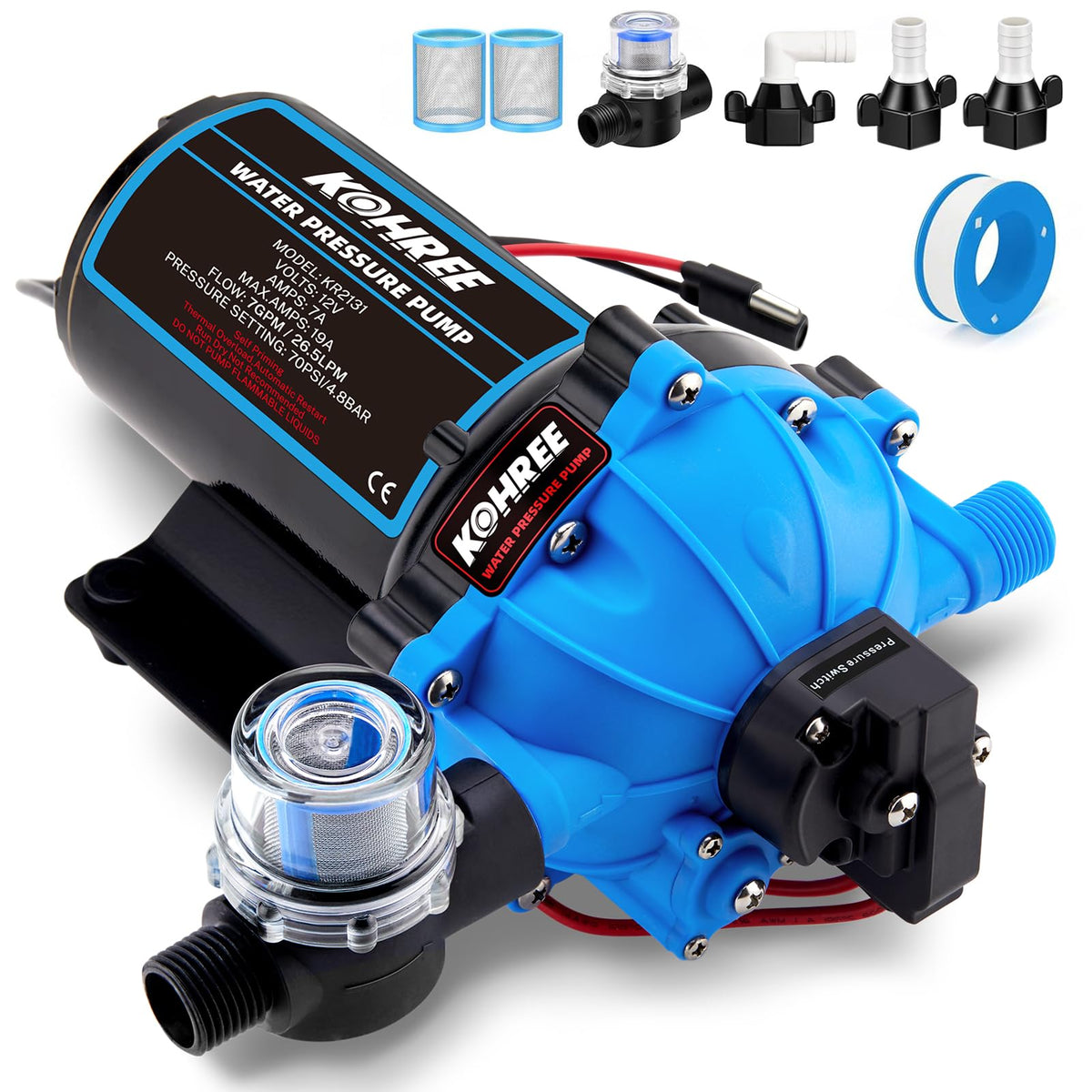 Kohree Rv Fresh Water Pump 7Gpm 70Psi, 12V Dc Water Pump, Self-Priming, Upgraded Five Chamber Diaphragm Pump With Heavy Duty Pre