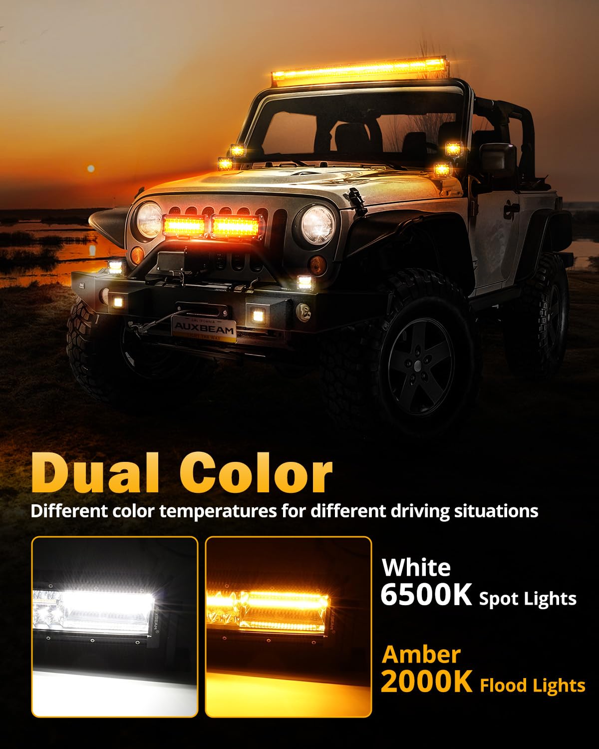 Auxbeam 6 Modes Amber White Series, 42 Inch 240W Curved Led Light Bar, Strobe Warning Flashing Dual Color Fog Light, Spot Flood