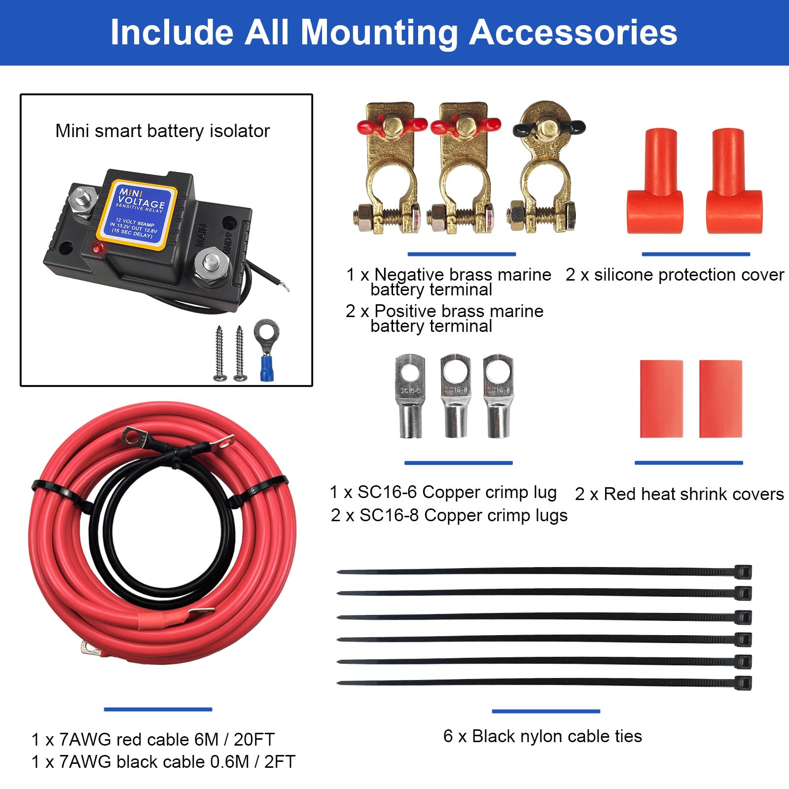 Uckasayfy 6M Dual Smart Battery Isolator Kit 12V 80Amp Voltage Sensing Relay(Vsr) Compatible With Utv Atv Marine Rv Motorcycle,