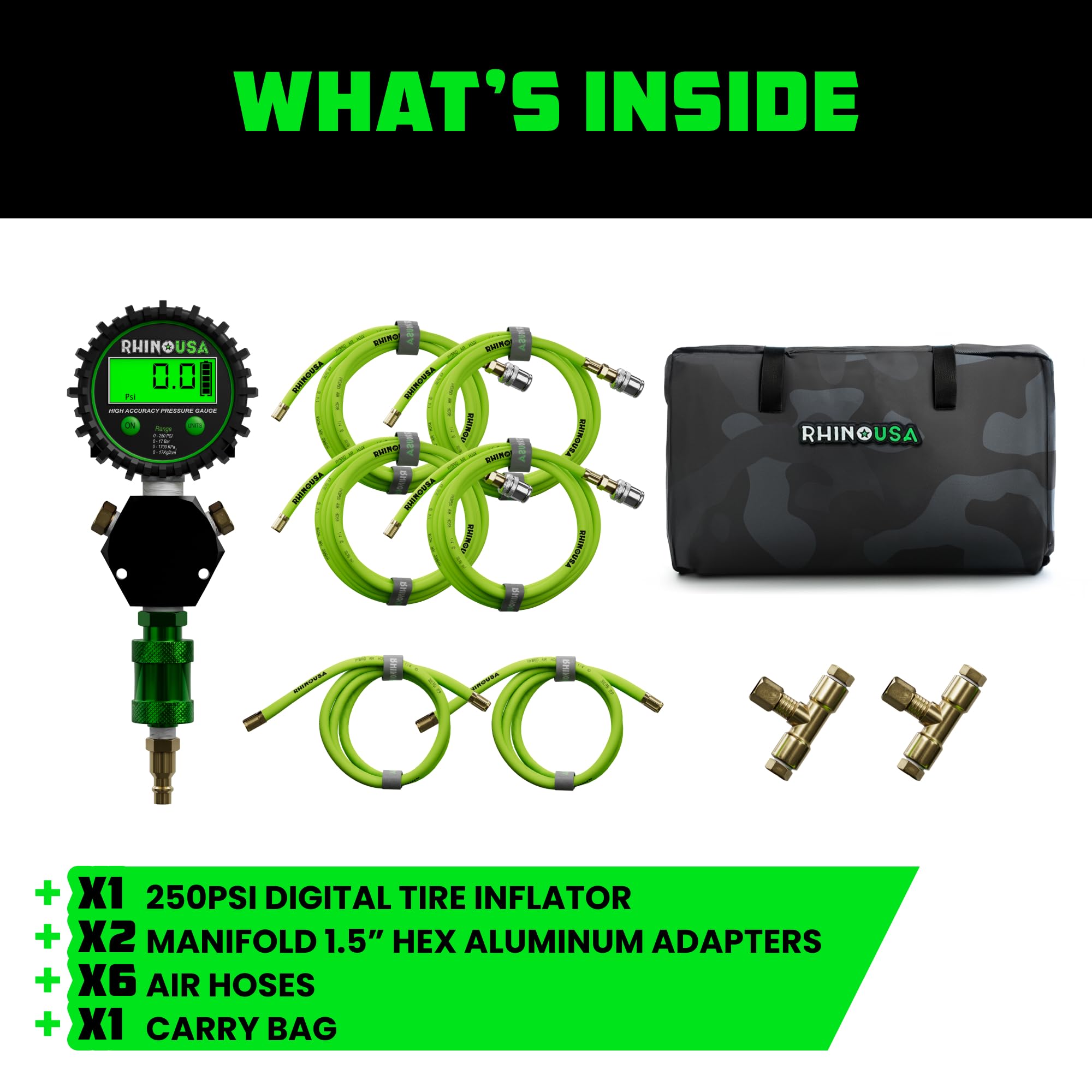 Rhino USA 4 Tire Inflation/Deflation System - Fits up to 155'' Wheelbase - Ultra Fast 4 Way Tire Inflator Hose Kit for Truck, Ca