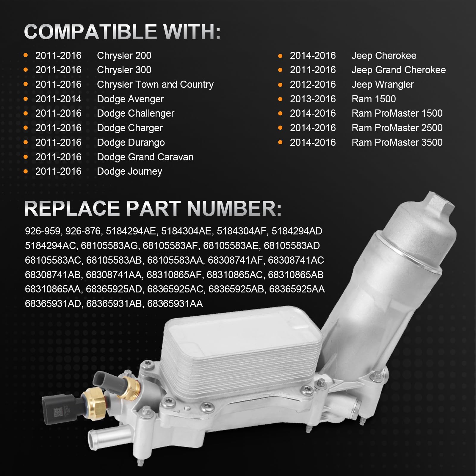 926-959 Upgrade Full Aluminum Engine Oil Filter Housing Oil Cooler Kit With Gaskets & Sensors Compatible With 2011-2016 Chrysler