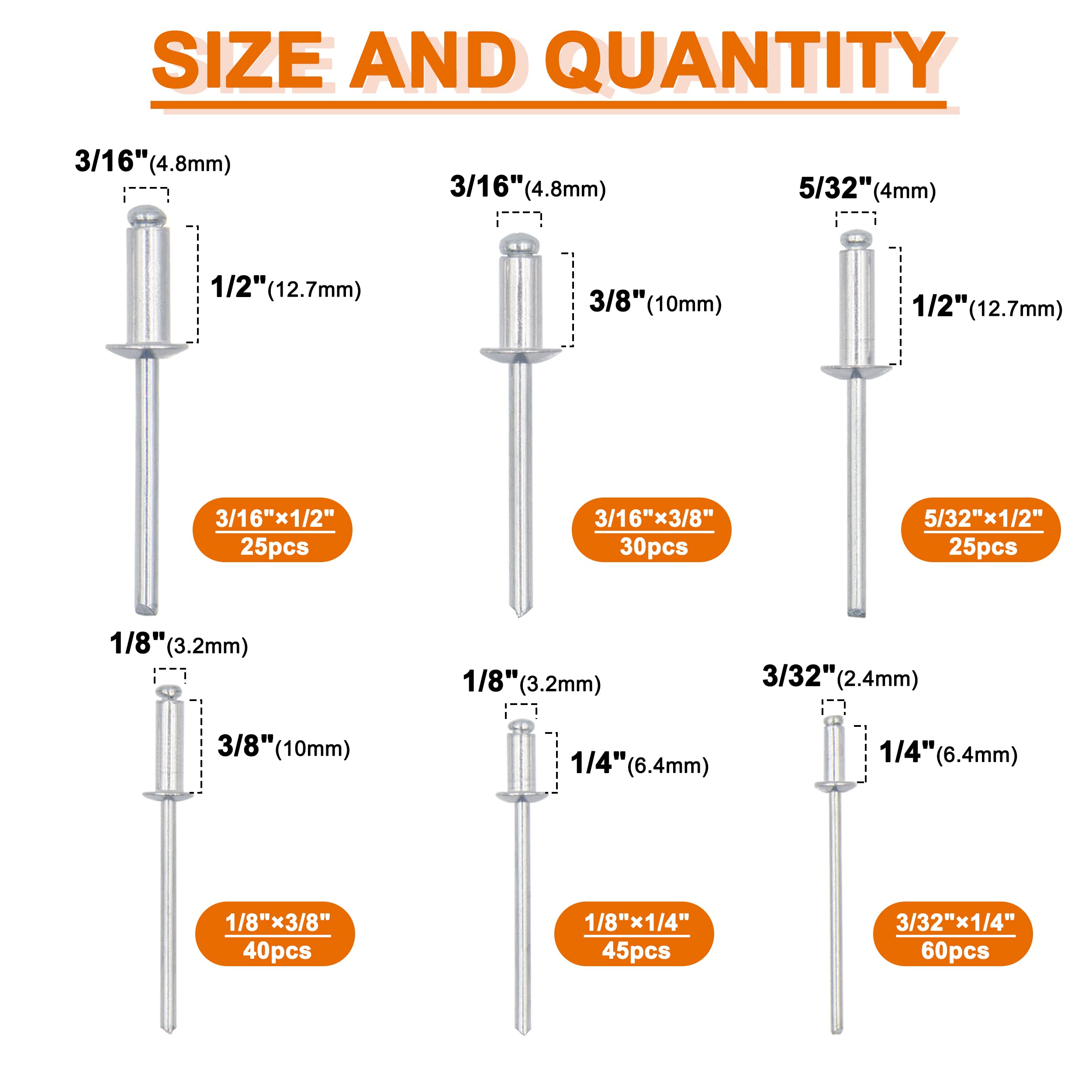 Ispinner 225Pcs Aluminum Blind Rivets Assortment Kit With Heavy Duty Hand Riveter Rivet Gun Tool, 6 Sizes Pop Rivets