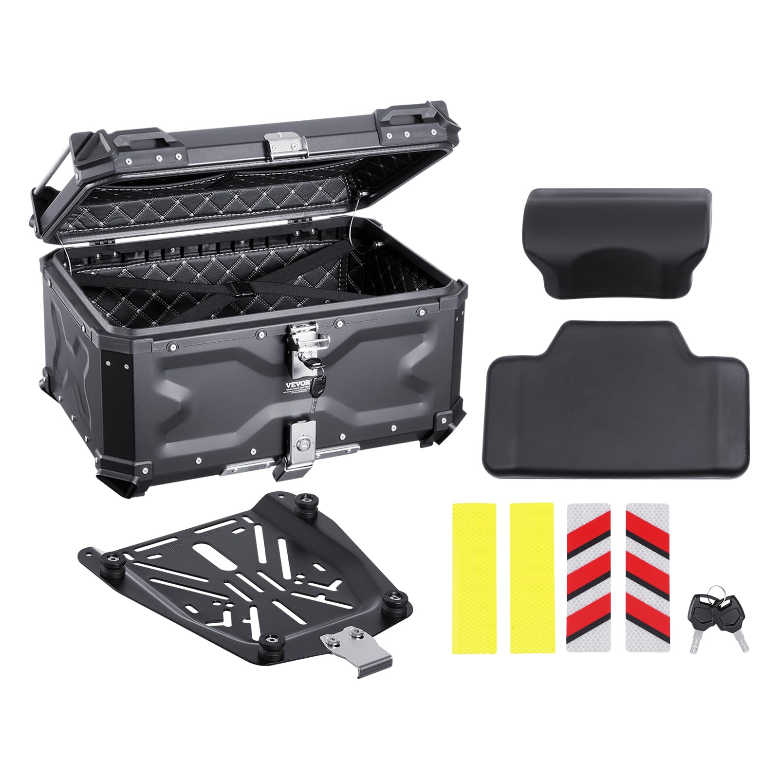 VEVOR Motorcycle Top Case 65L, Universal Aluminum Alloy Motorbike Tail Box with Leather Lining, 65L Waterproof Detachable Motorc