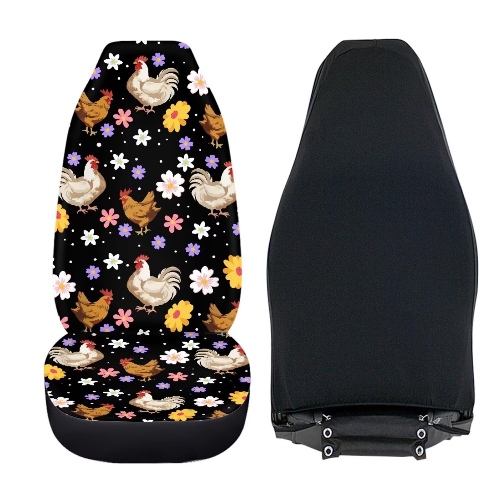 Bigcarjob Boho Chicken Car Seat Protector - Full Set Of 2 Pieces Hippie Daisy Chicken Vehicle Bucket Seat Pad For Women'S Auto I