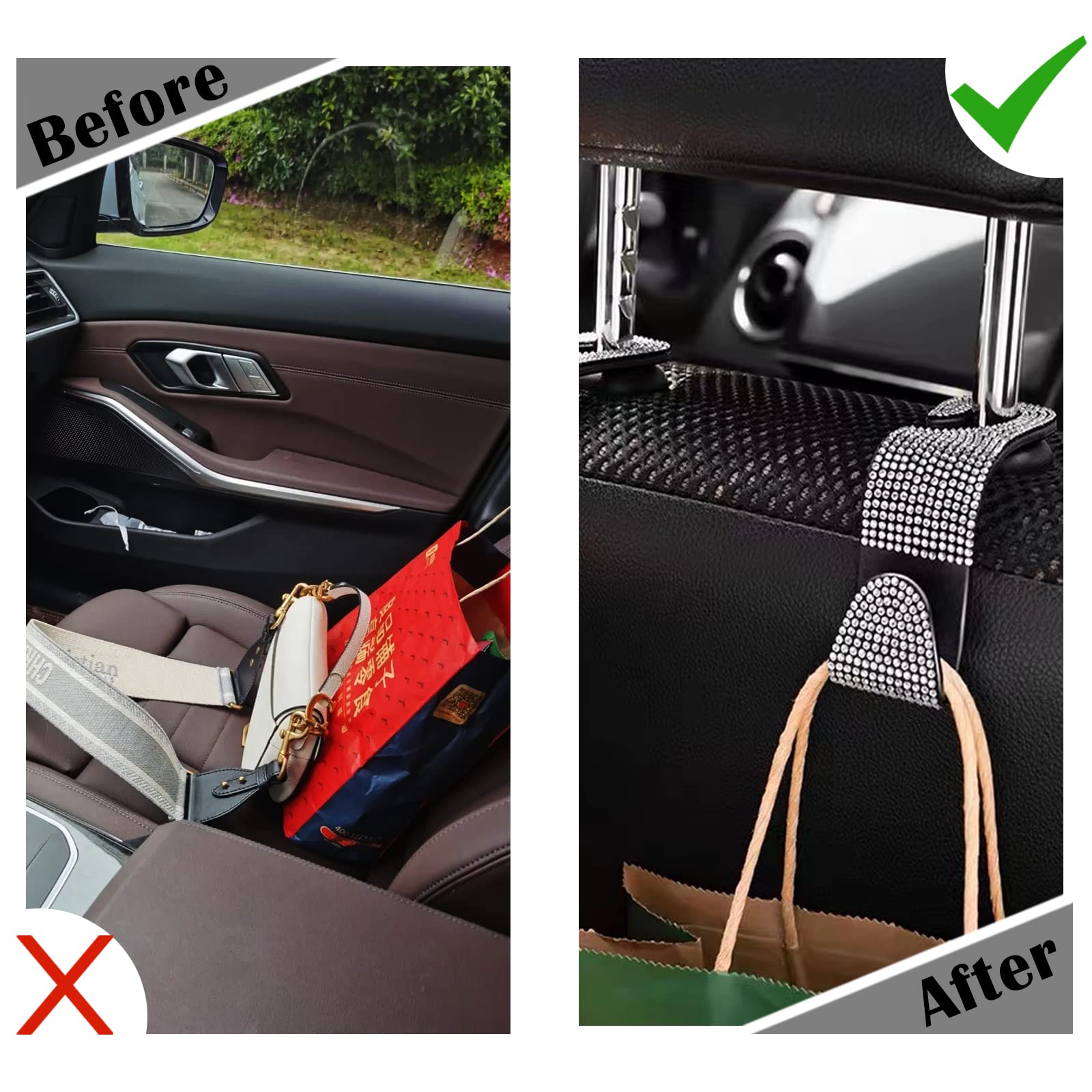 Osifit 2Pcs Car Seat Hooks - Bling Rhinestone Headrest Hooks With Universal Design - Perfect For Holding Handbags, Clothes, Purs