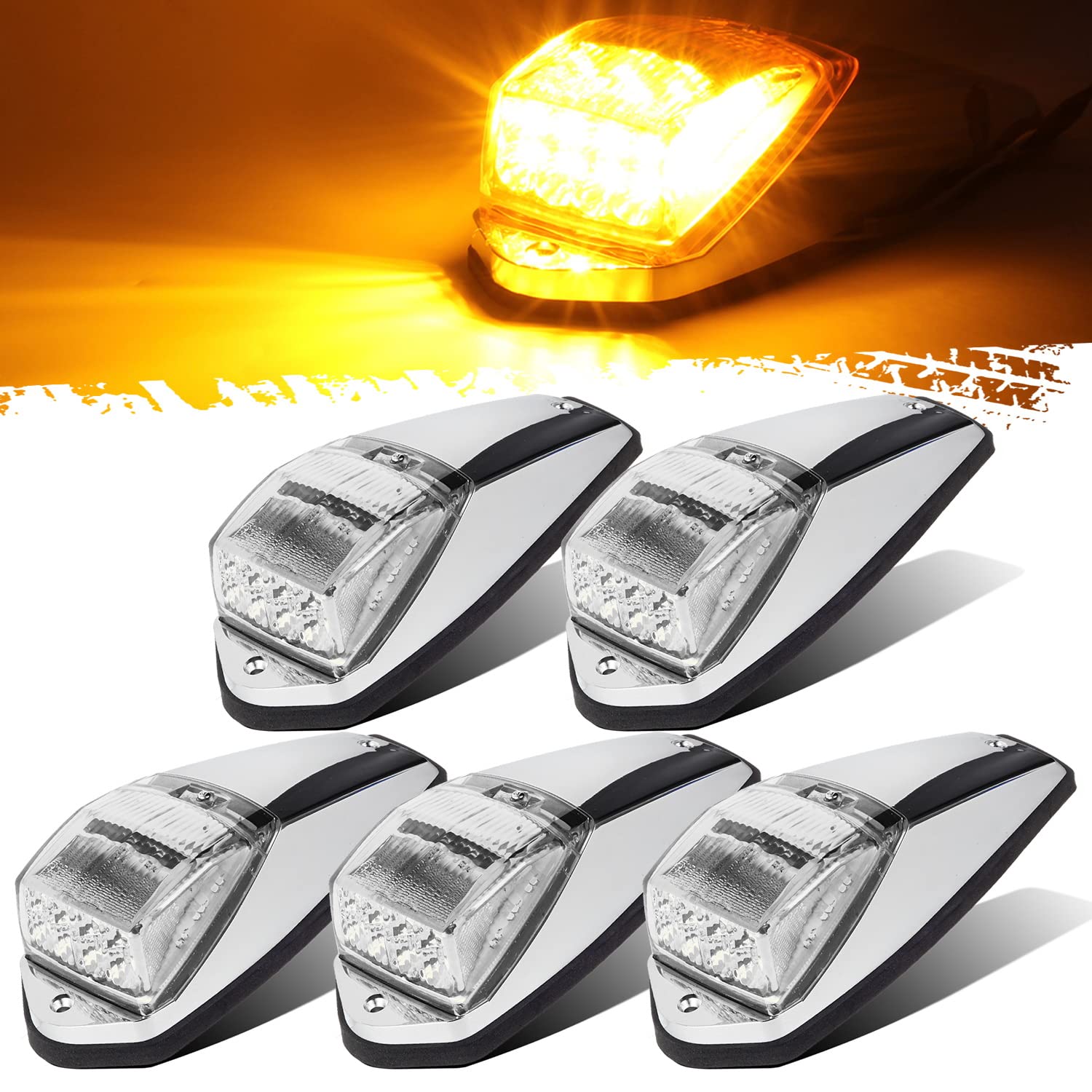 Partsam 5Pcs Clear Lens 31Led Amber Cab Marker Top Roof Running Lights W/Chrome Base Compatible With Peterbilt/Kenworth/Freightl