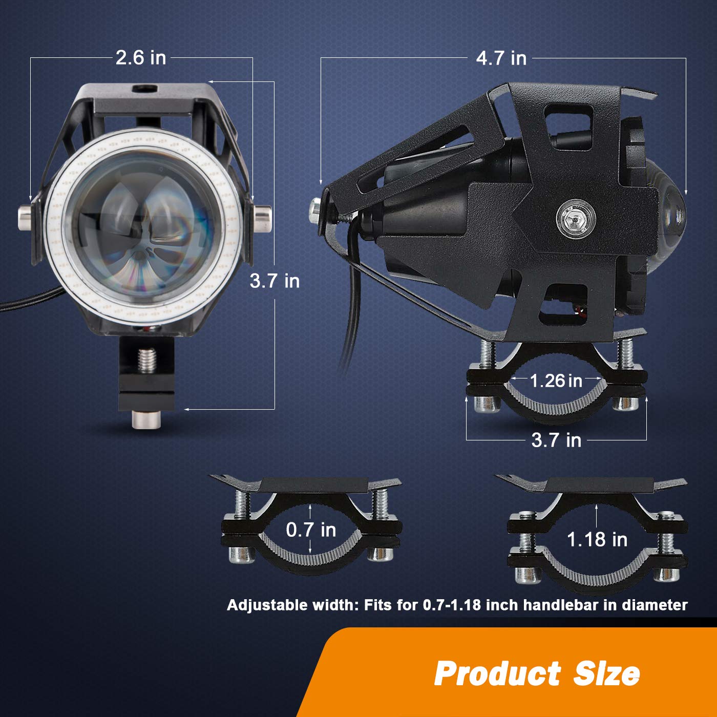 Motorcycle Led Fog Lights U7 Spotlight Daytime Running Lights Bicycle Lights With Blue Angel Eyes Halo Ring And Switch 2-Sets